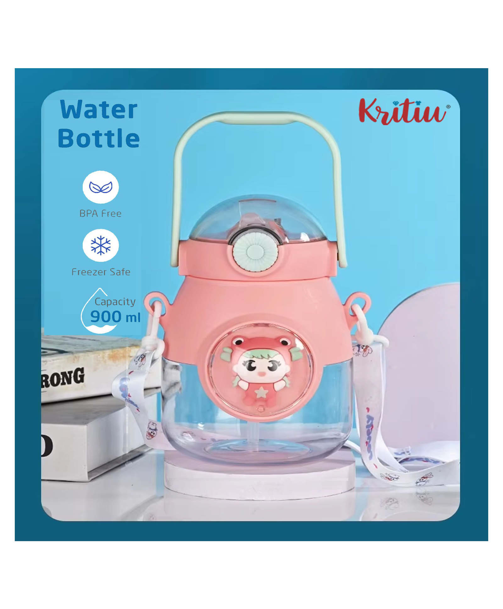 Kritiu Cute Patch Sipper Water Bottle|BPA Free|Leak Resistant|Freezer Safe| 900 ml|Perfect for School Kids & Outdoors- Pink-picture-15