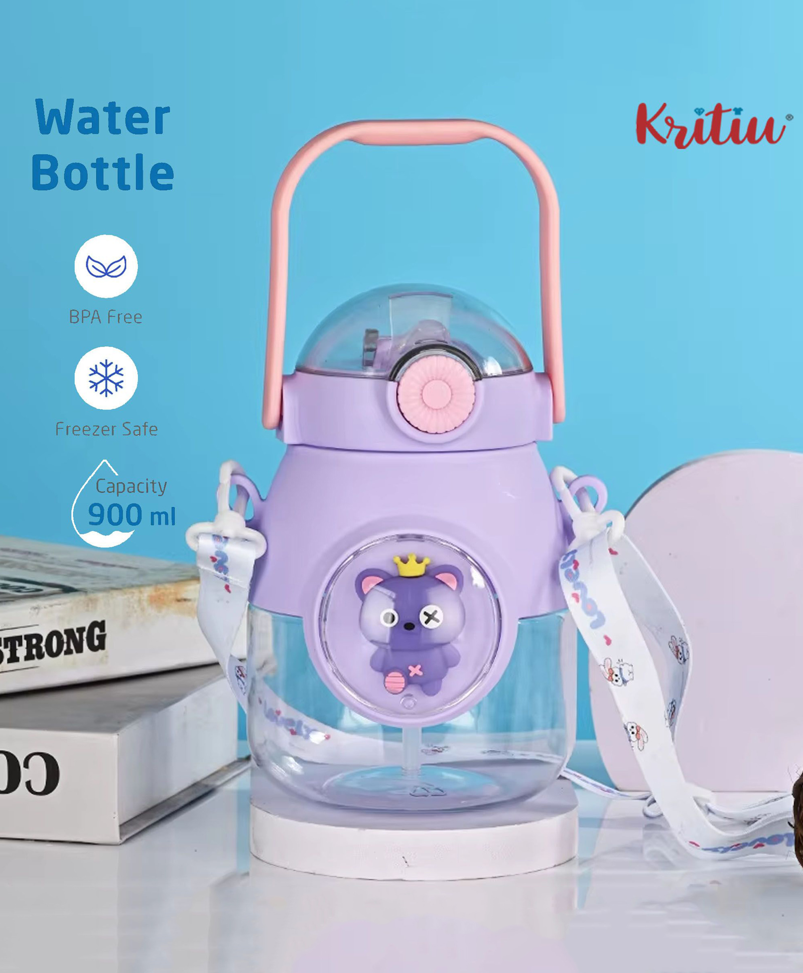 Kritiu Cute Patch Sipper Water Bottle|BPA Free|Leak Resistant|Freezer Safe| 900 ml|Perfect for School Kids & Outdoors- Purple-picture-13