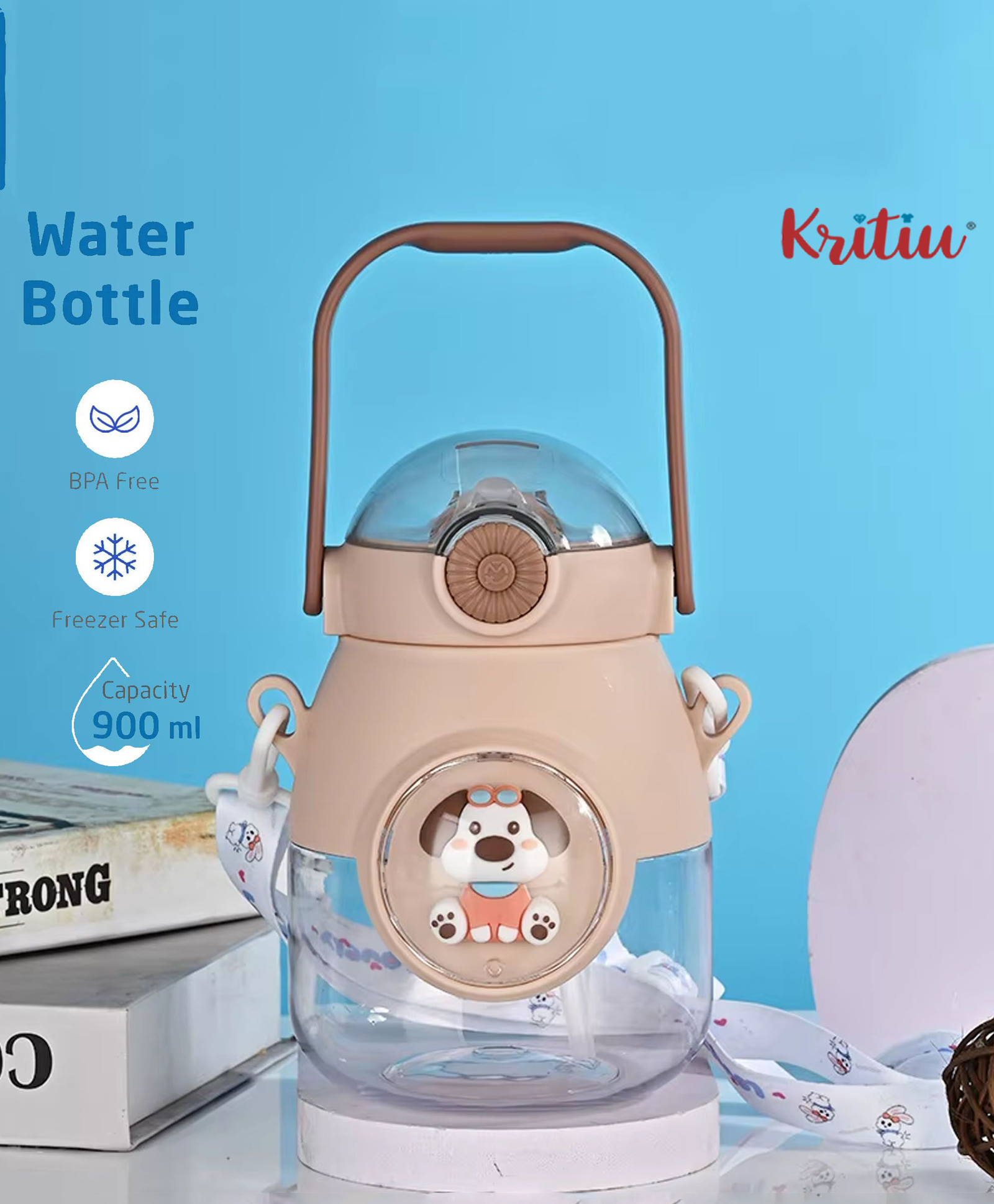 Kritiu Cute Patch Sipper Water Bottle|BPA Free|Leak Resistant|Freezer Safe| 900 ml|Perfect for School Kids & Outdoors- Brown-picture-16