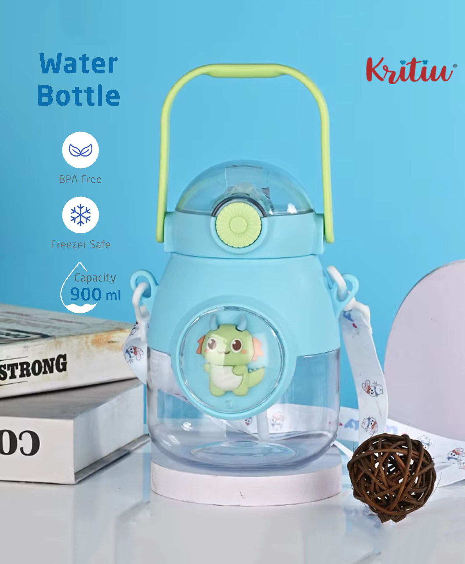 Kritiu Cute Patch Sipper Water Bottle|BPA Free|Leak Resistant|Freezer Safe| 900 ml|Perfect for School Kids & Outdoors- Skyblue-picture-14