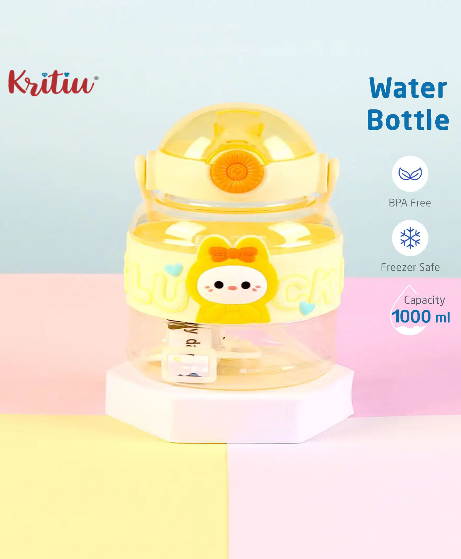 Kritiu Cute Patch Sipper Water Bottle|BPA Free|Leak Resistant|Freezer Safe| 1000 ml|Perfect for School Kids & Outdoors- Yellow-picture-10