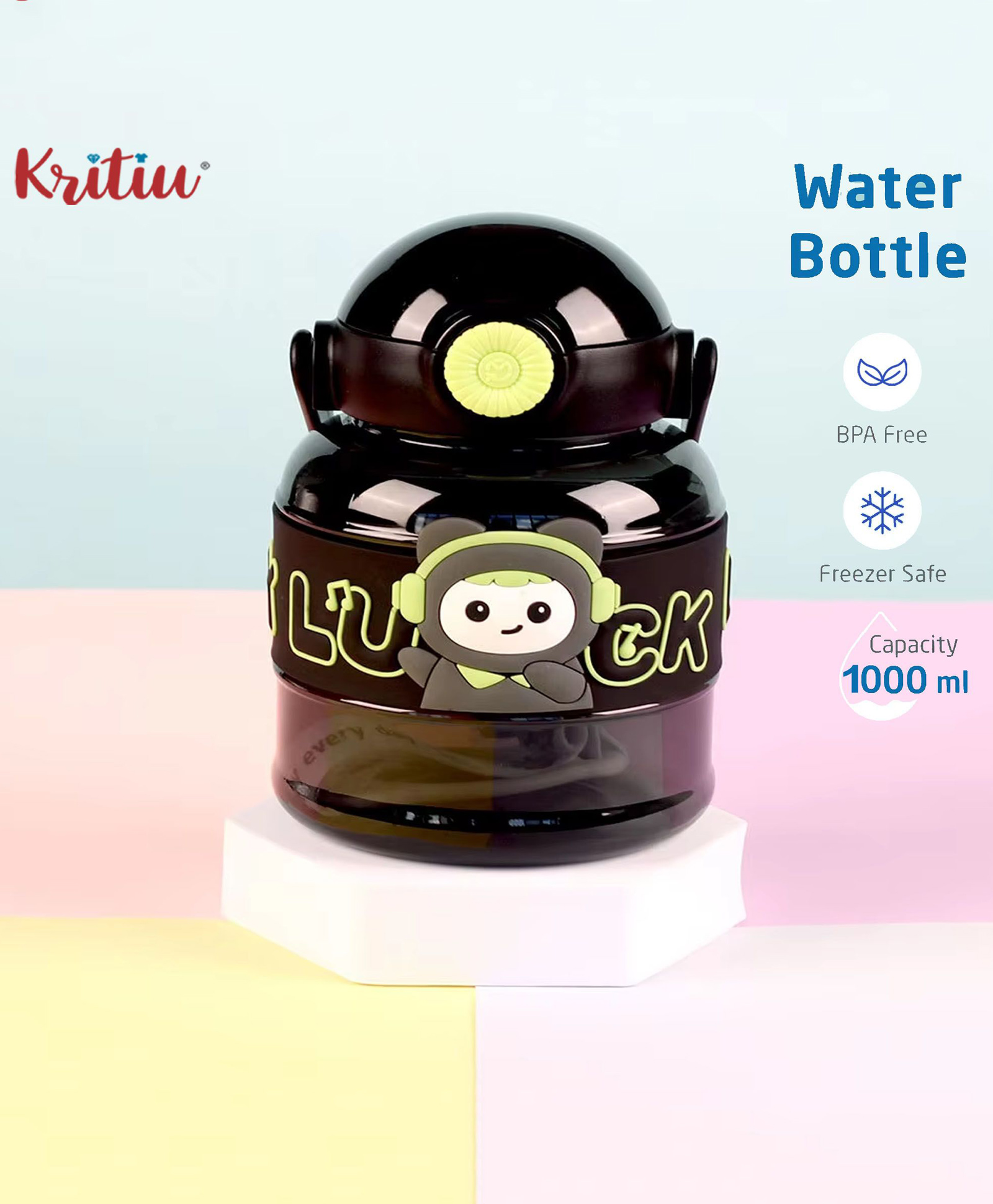 Kritiu Cute Patch Sipper Water Bottle|BPA Free|Leak Resistant|Freezer Safe| 1000 ml|Perfect for School Kids & Outdoors- Black-picture-11