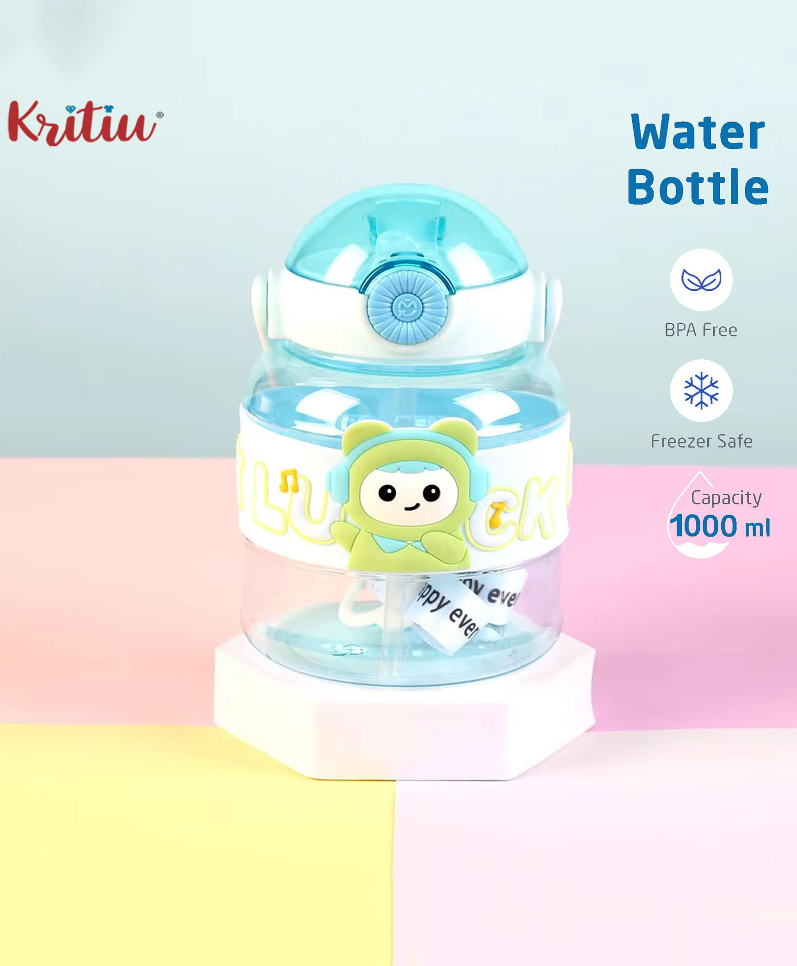 Kritiu Cute Patch Sipper Water Bottle|BPA Free|Leak Resistant|Freezer Safe| 1000 ml|Perfect for School Kids & Outdoors- Skyblue-picture-26