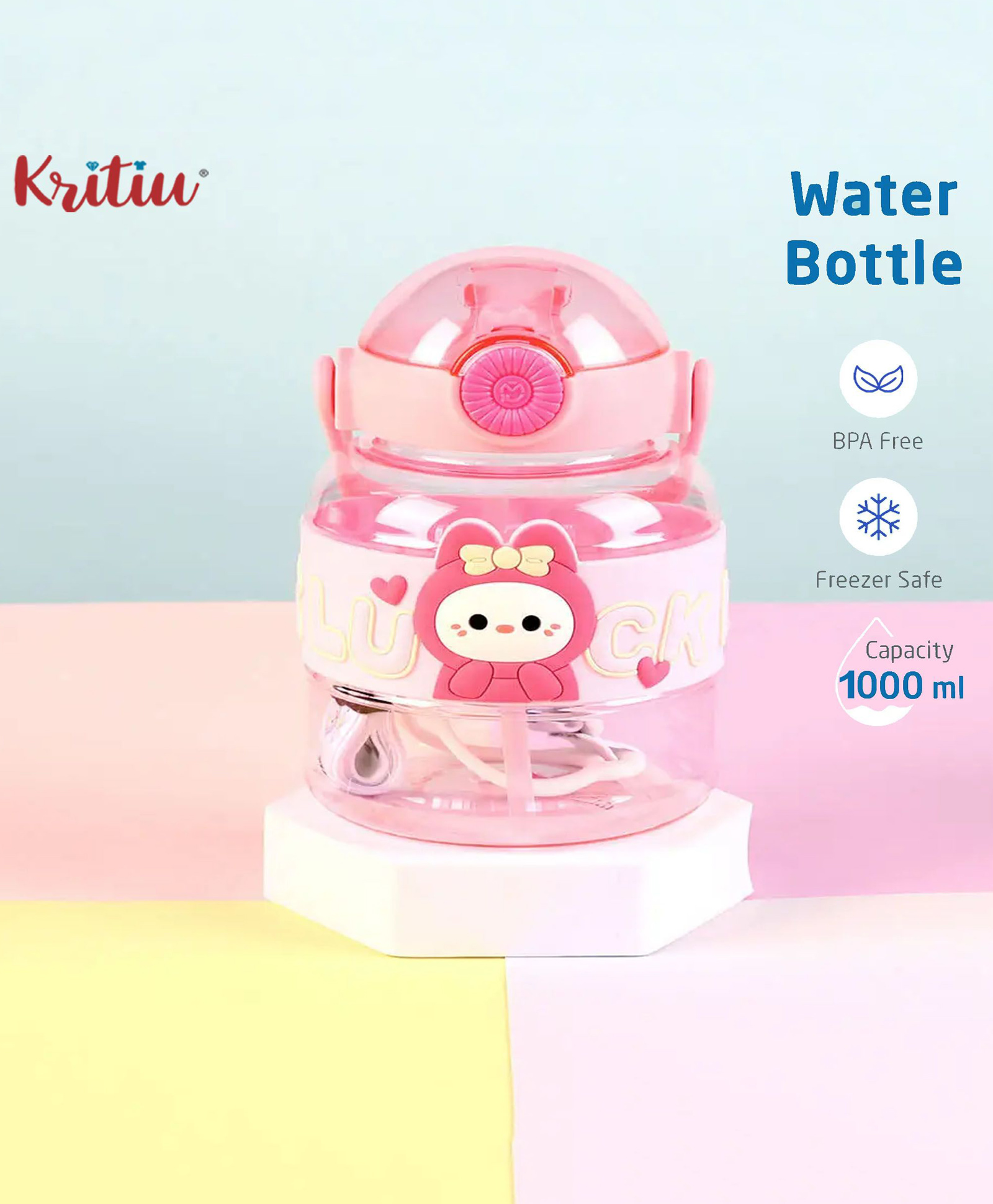 Kritiu Cute Patch Sipper Water Bottle|BPA Free|Leak Resistant|Freezer Safe| 1000 ml|Perfect for School Kids & Outdoors- Pink-picture-12