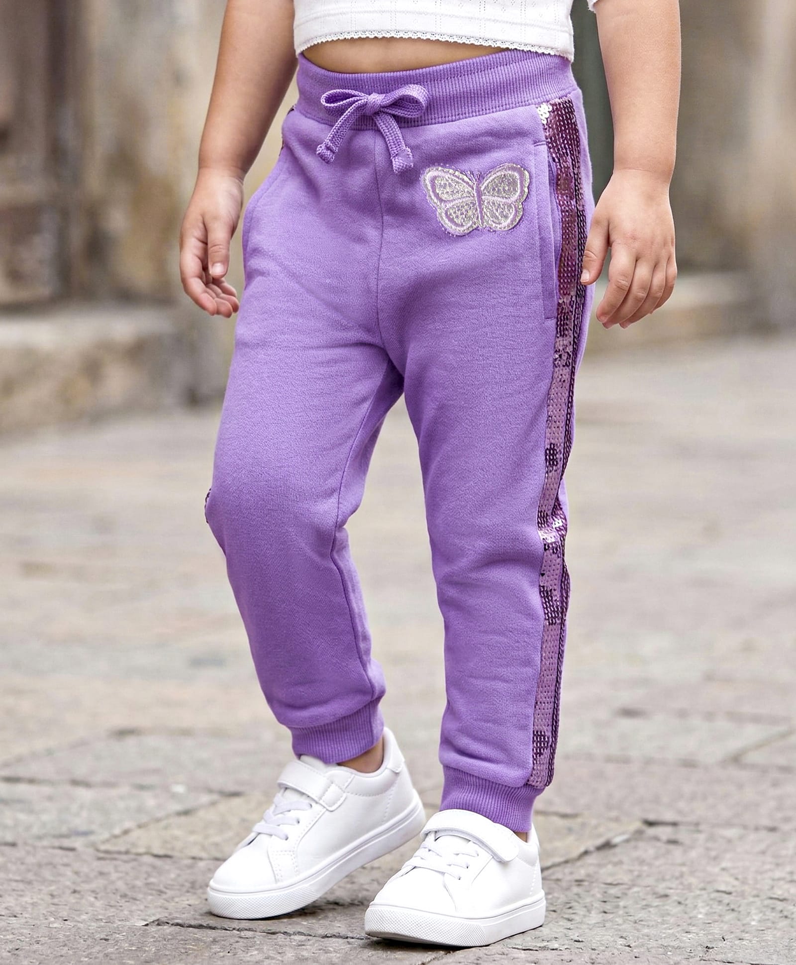Babyhug French Terry Knit Full Length Lounge Pant With Butterfly Patch - Purple-picture-17