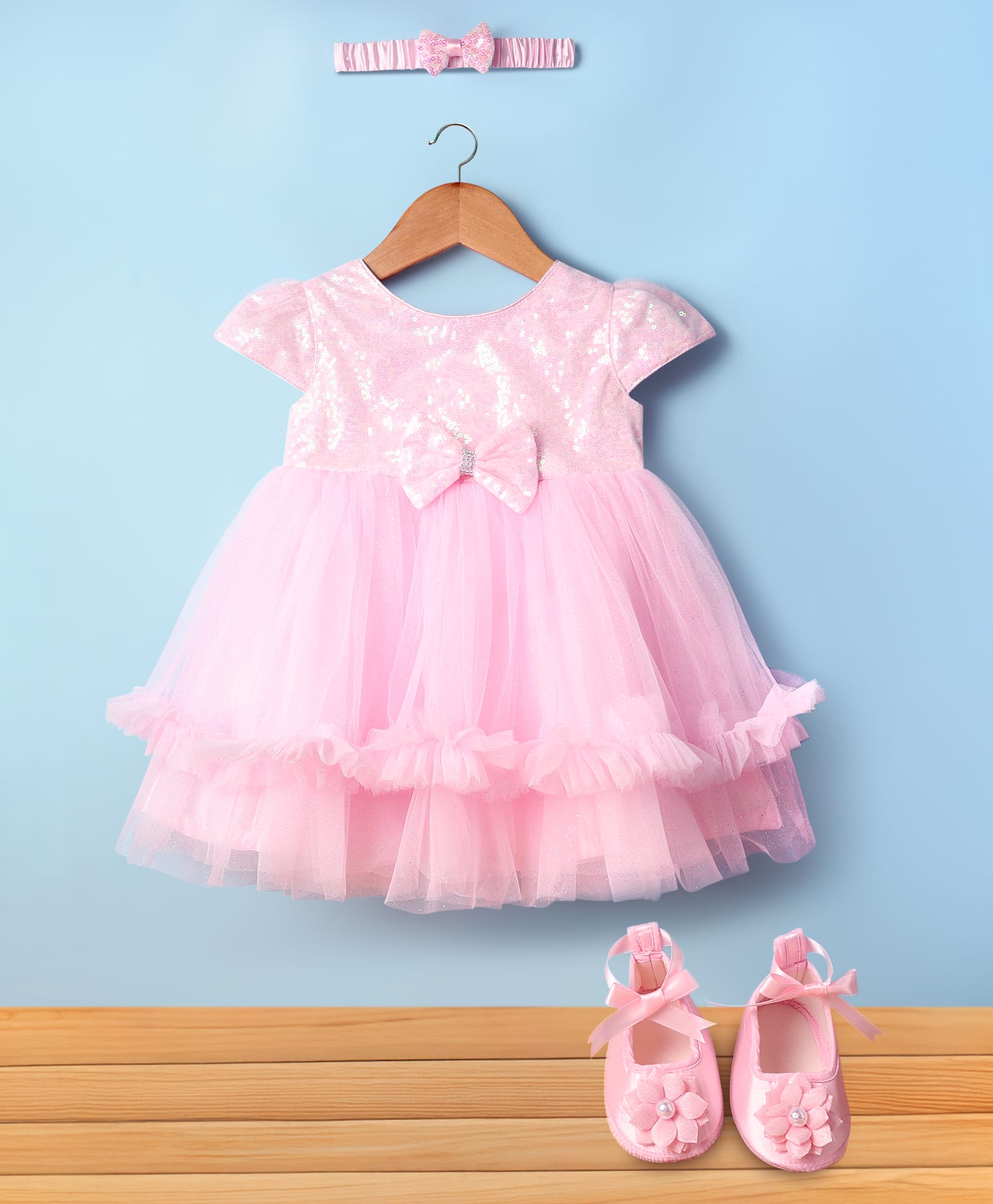 Babyhug Woven Cap Sleeves Mesh Sequinned Yoke Party Dress with Headband & Booties - Light Pink-image-32
