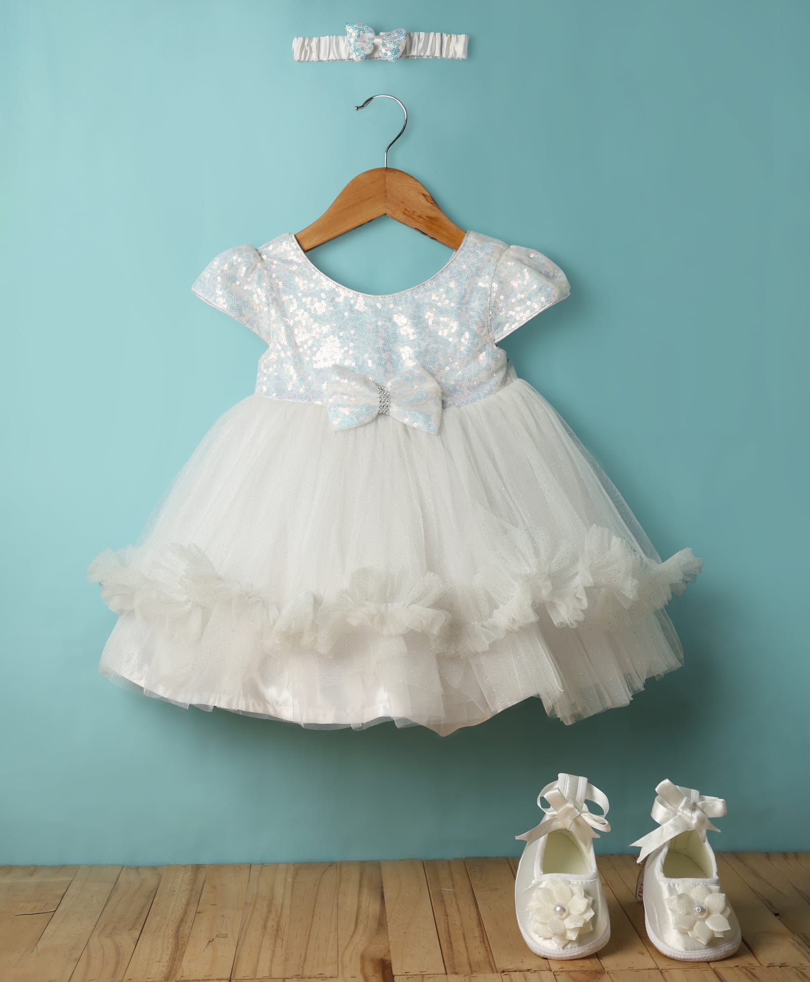 Babyhug Woven Cap Sleeves Sequinned Yoke Mesh Party Dress with Bow Applique Headband & Booties - White-image-22