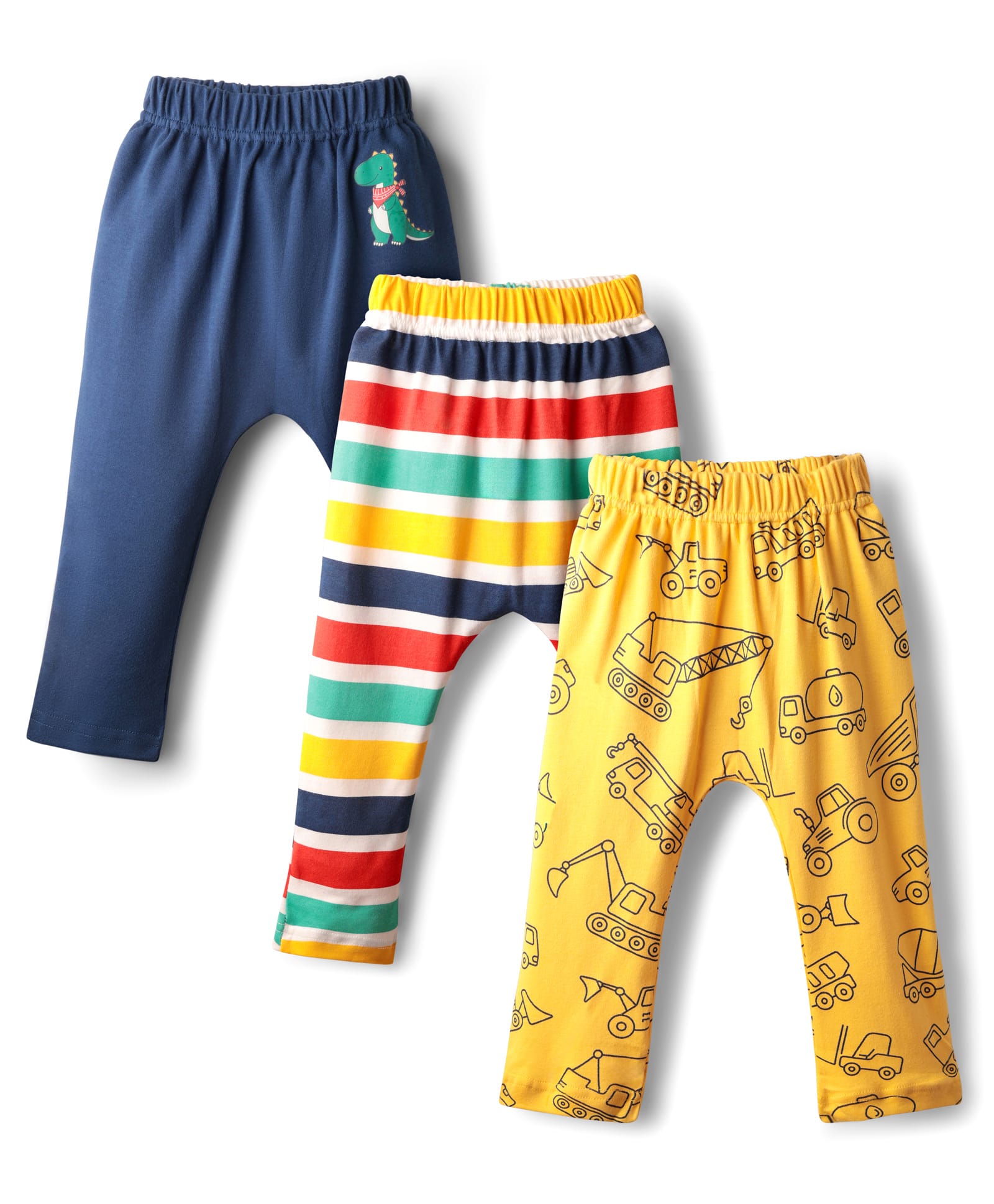 Babyhug Cotton Knit Full Length Stripes Dino & Vehicles Printed Diaper Leggings Pack Of 3 - Multi Colour-image-48