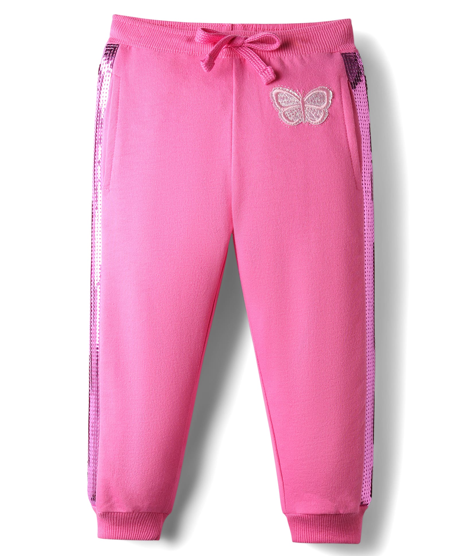 Babyhug French Terry Knit Full Length Lounge Pant with Butterfly Patch - Pink-picture-26