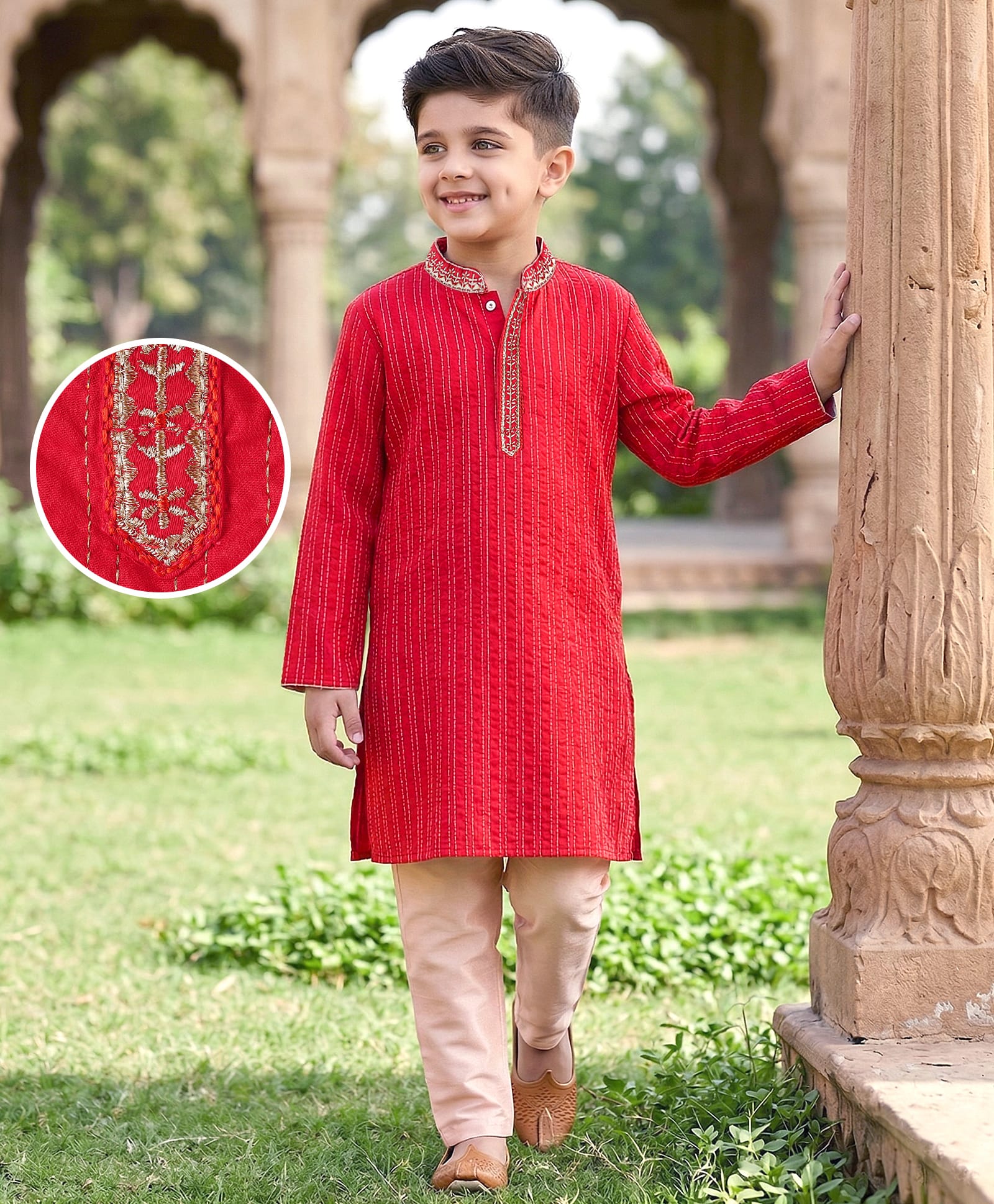 EARTHY TOUCH Cotton Woven Full Sleeves Embroidered Kurta Pajama Set - Red-picture-14