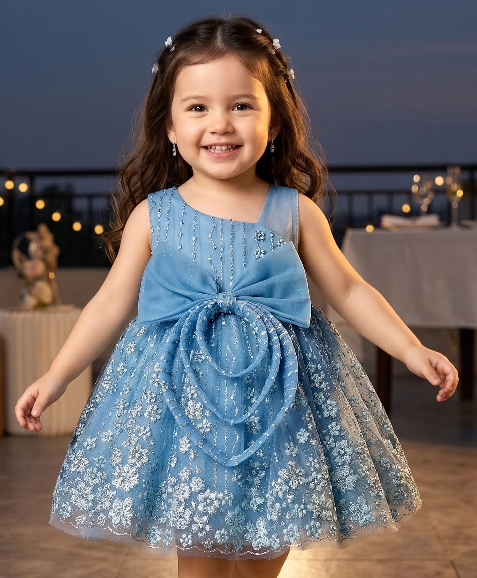 Babyhug Woven Sleeveless Flare Mesh Dress with Floral Detailing & Bow Applique - Light Blue-image-39