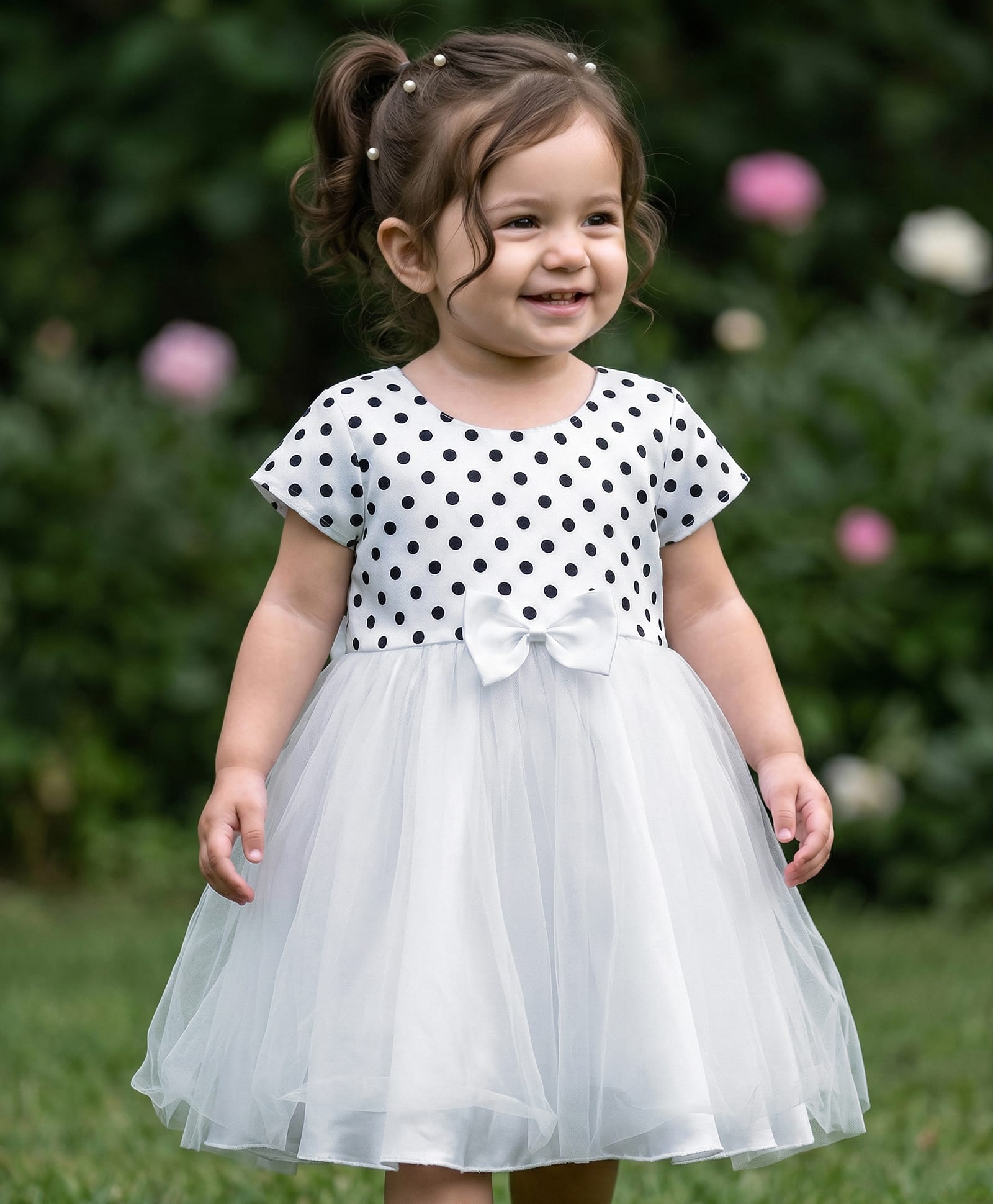 Babyhug Woven Half Cap Sleeves Mesh Party Dress with Polka Dots & Bow Applique - White-image-5