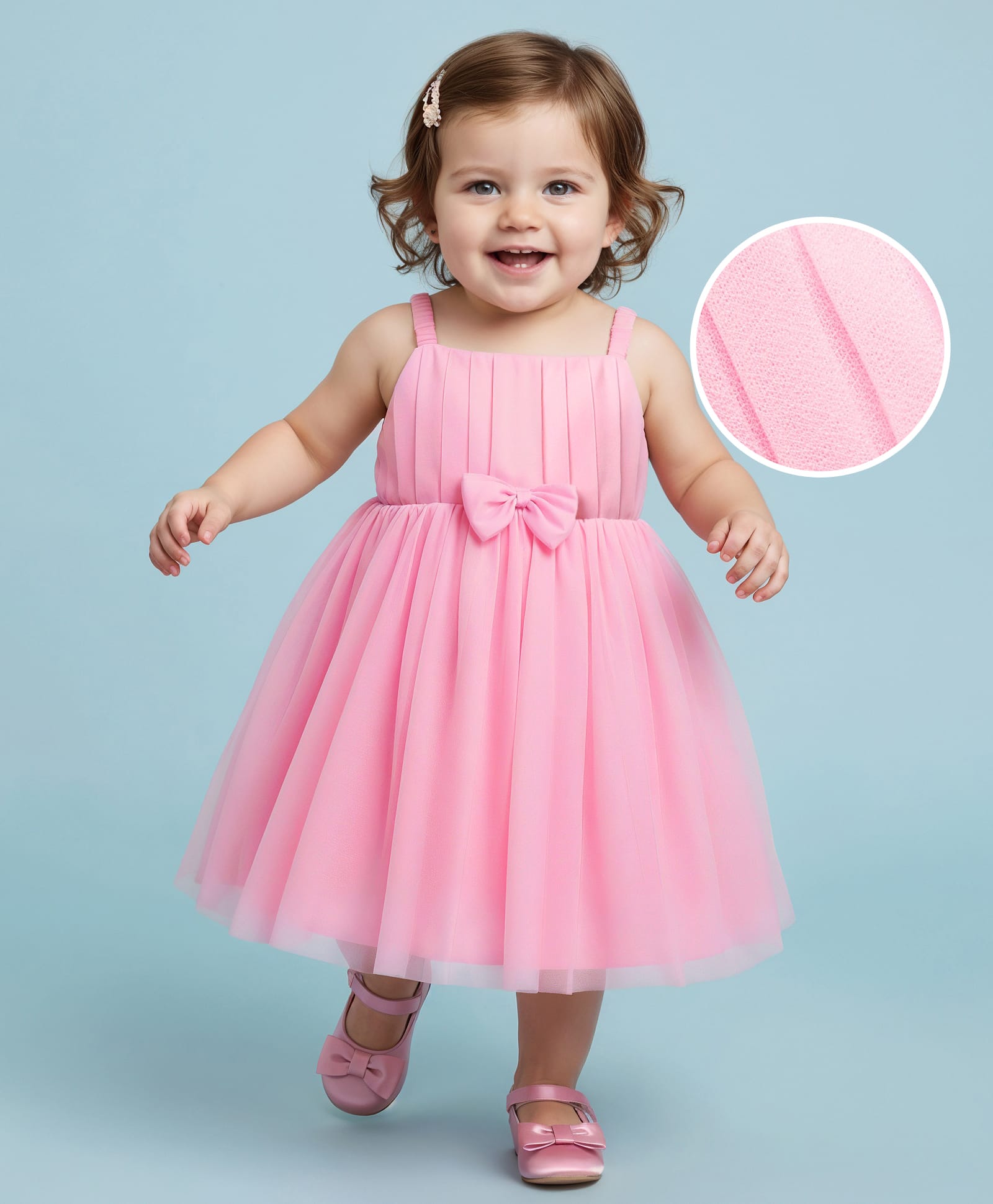 Babyhug Woven Sleeveless Fit & Flare Solid Coloured Mesh Partywear Dress With Bow - Pink-image-26