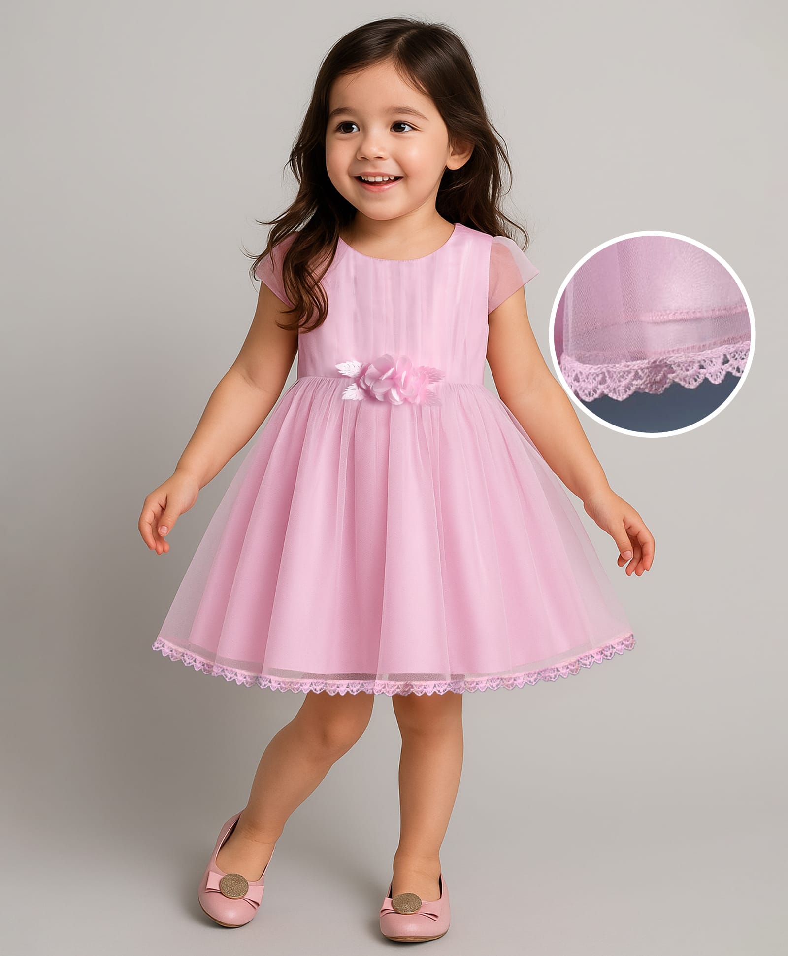 Babyhug Woven Cap Sleeves Party Dress With Floral Corsage & Lace Detailing - Light Pink-image-40