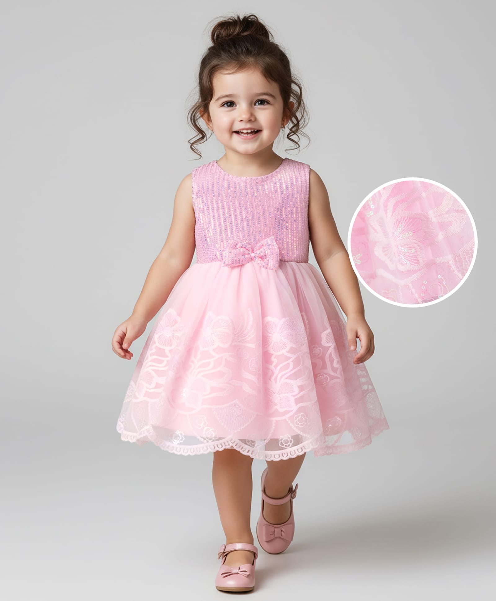 Babyhug Sleeveless Sequins & Floral Embroidered Detailing Fit & Flare Mesh Party Dress - Pink-image-12