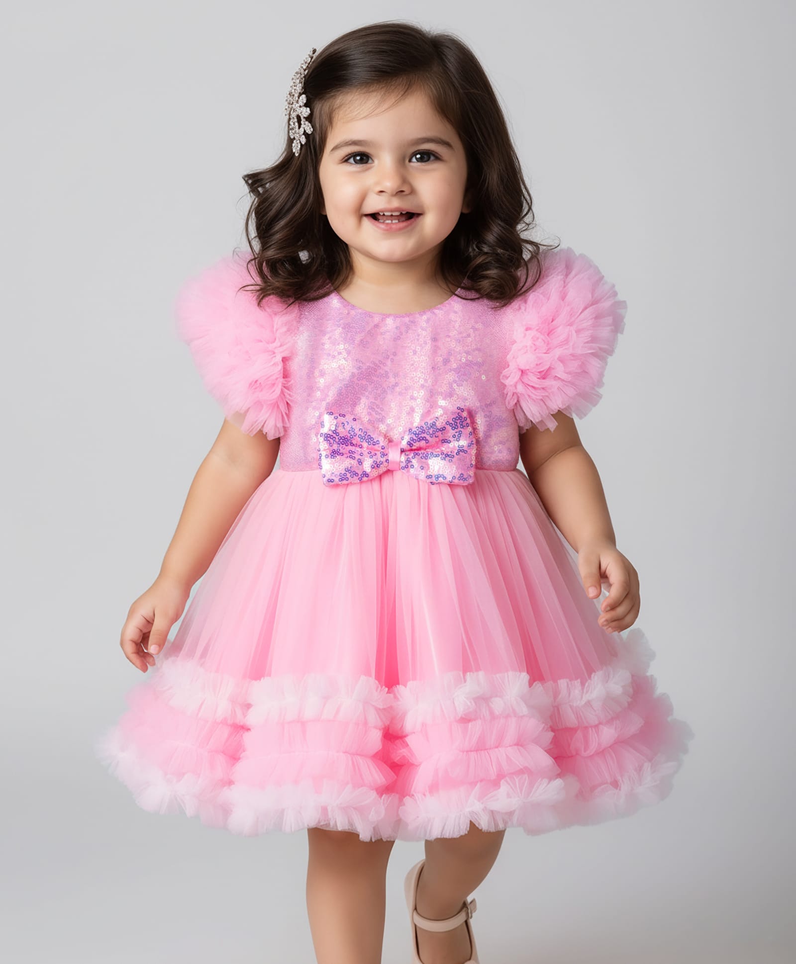 Babyhug Woven Sleeveless Mesh Party Dress With Sequin Detailing & Bow Applique - Pink & White