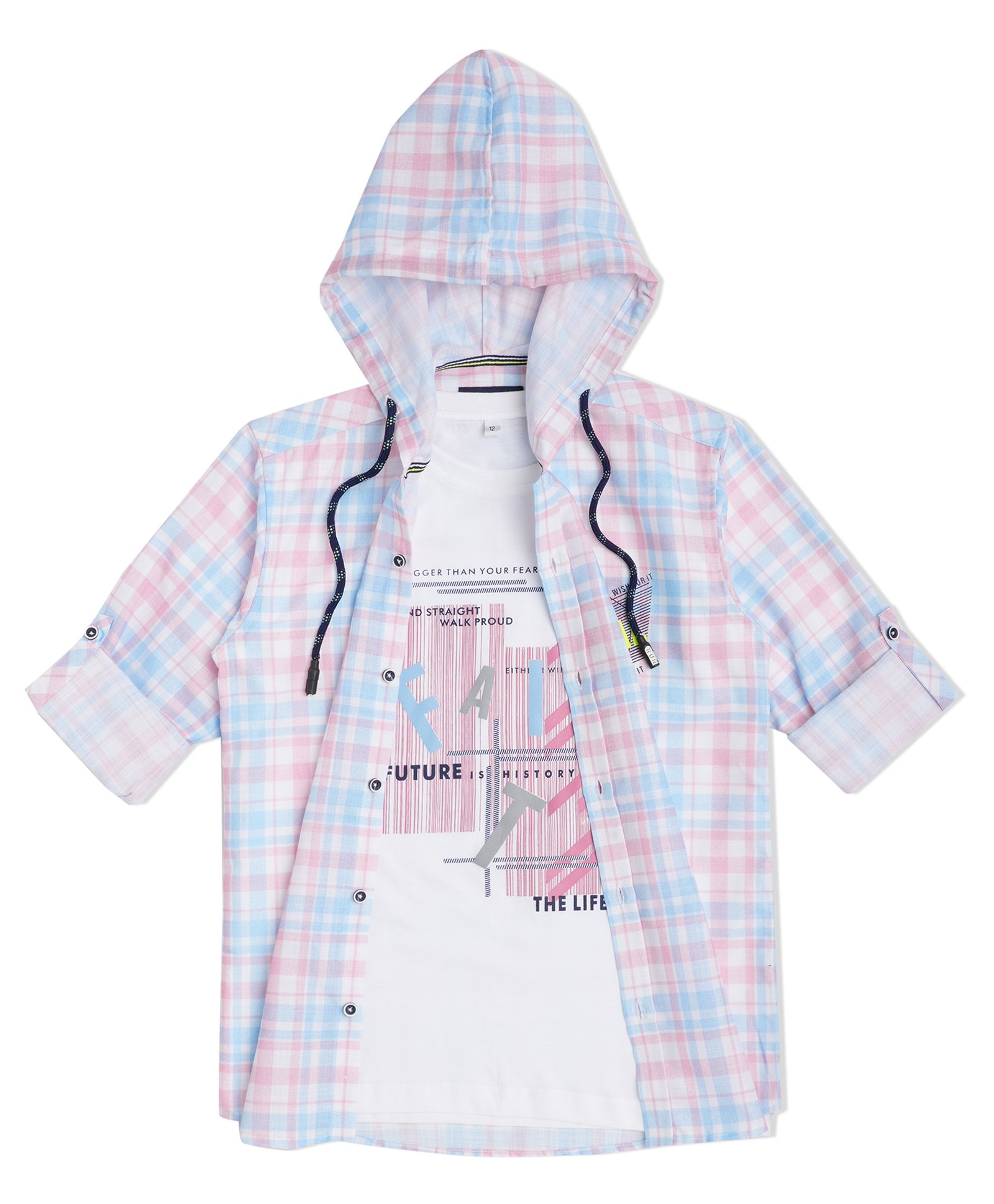 CAVIO Cotton Woven Full Sleeves Checked Hooded Shirt With Tee - Pink-image-23