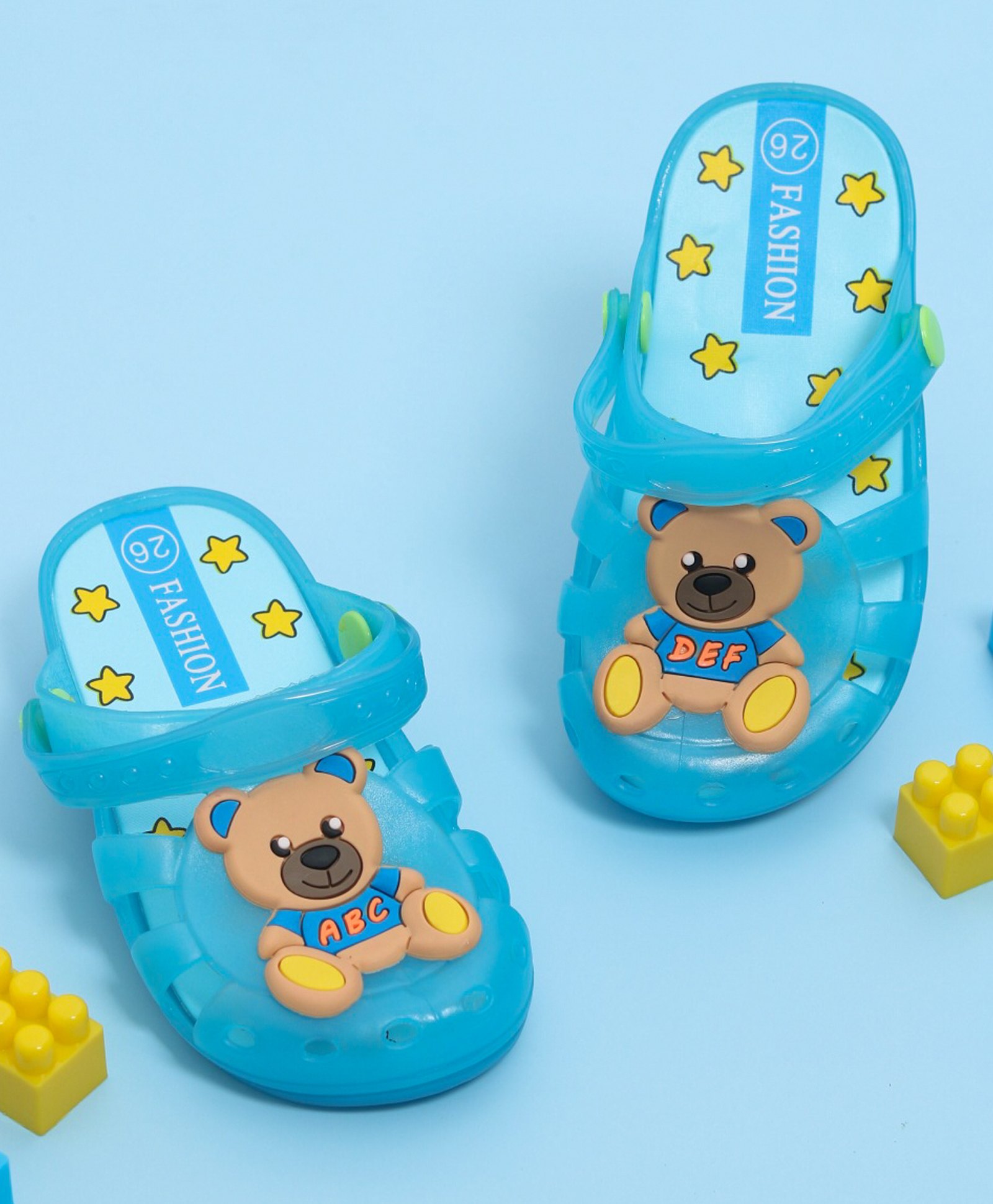 Yellow Bee Teddy Bear Applique Detailed Perforated Clogs - Blue-image-21