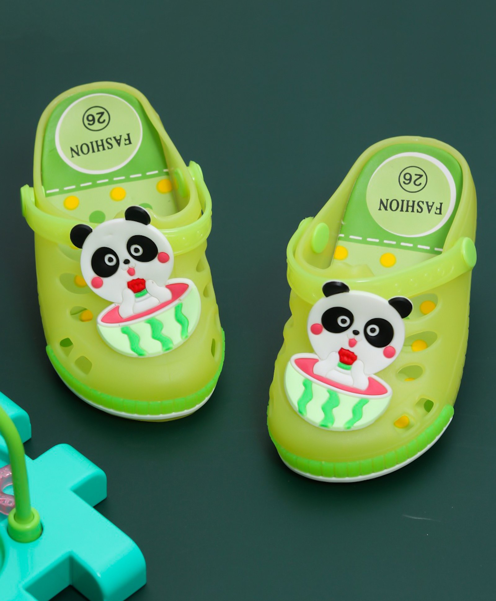 Yellow Bee Whimsical Panda Applique Detailed Perforated Clogs - Green-picture-10