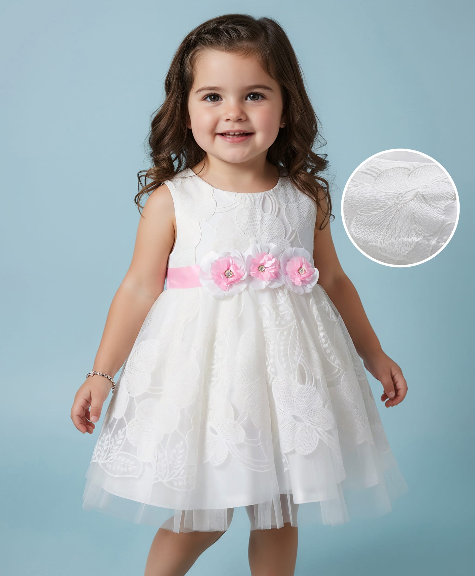 Babyhug Woven Sleeveless Mesh Party Dress With Lace Detailing & Floral Applique - White-picture-14