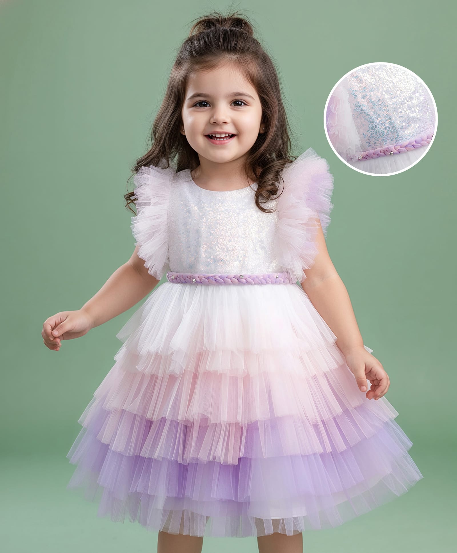 Babyhug Woven Frill Sleeves Layered Mesh Party Dress With Sequin Detailing - White-image-16