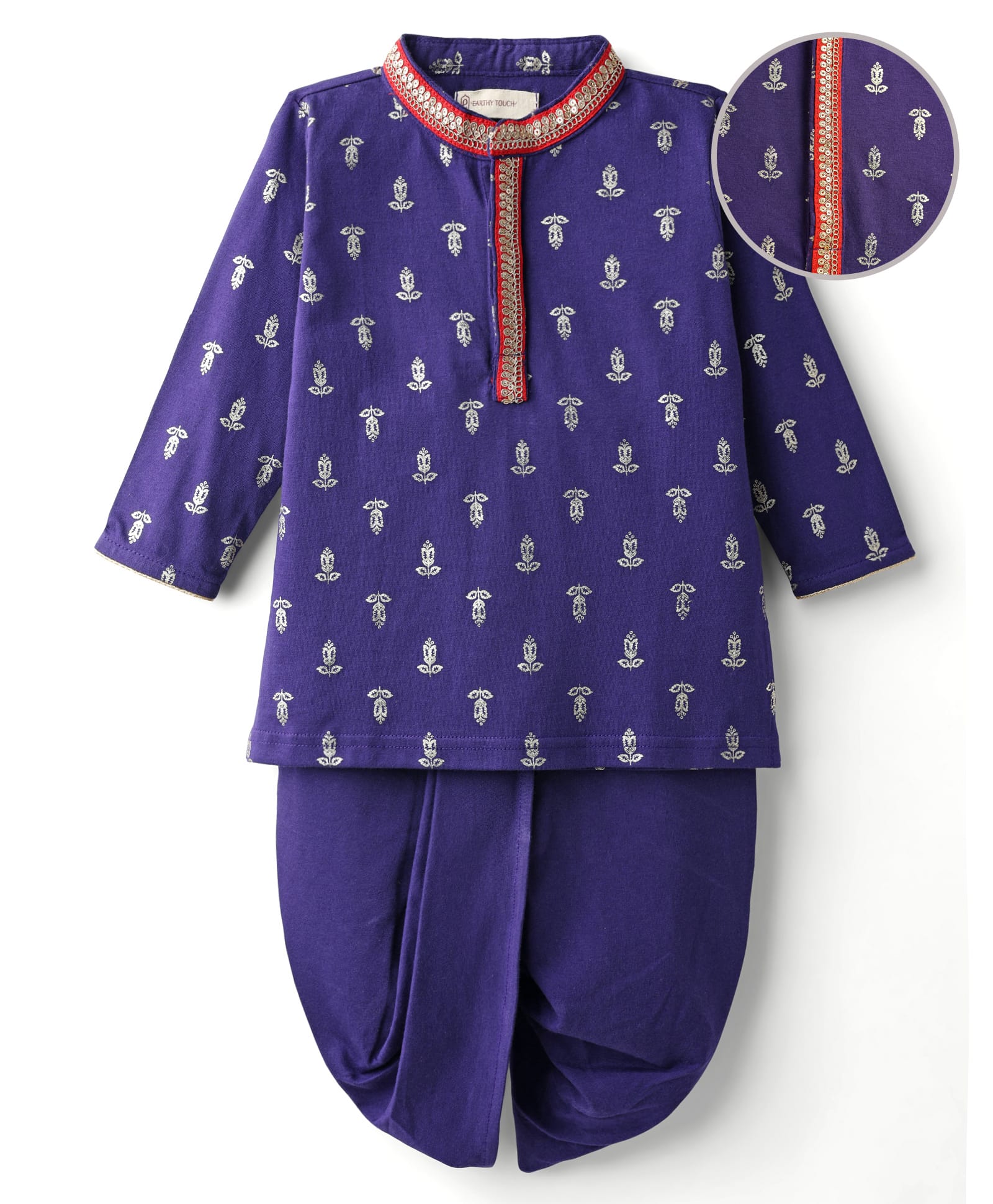 EARTHY TOUCH Single Jersey Knit Full Sleeves Kurta Dhoti Set with Floral Glitter Print & Lace Detailing - Purple-image-24