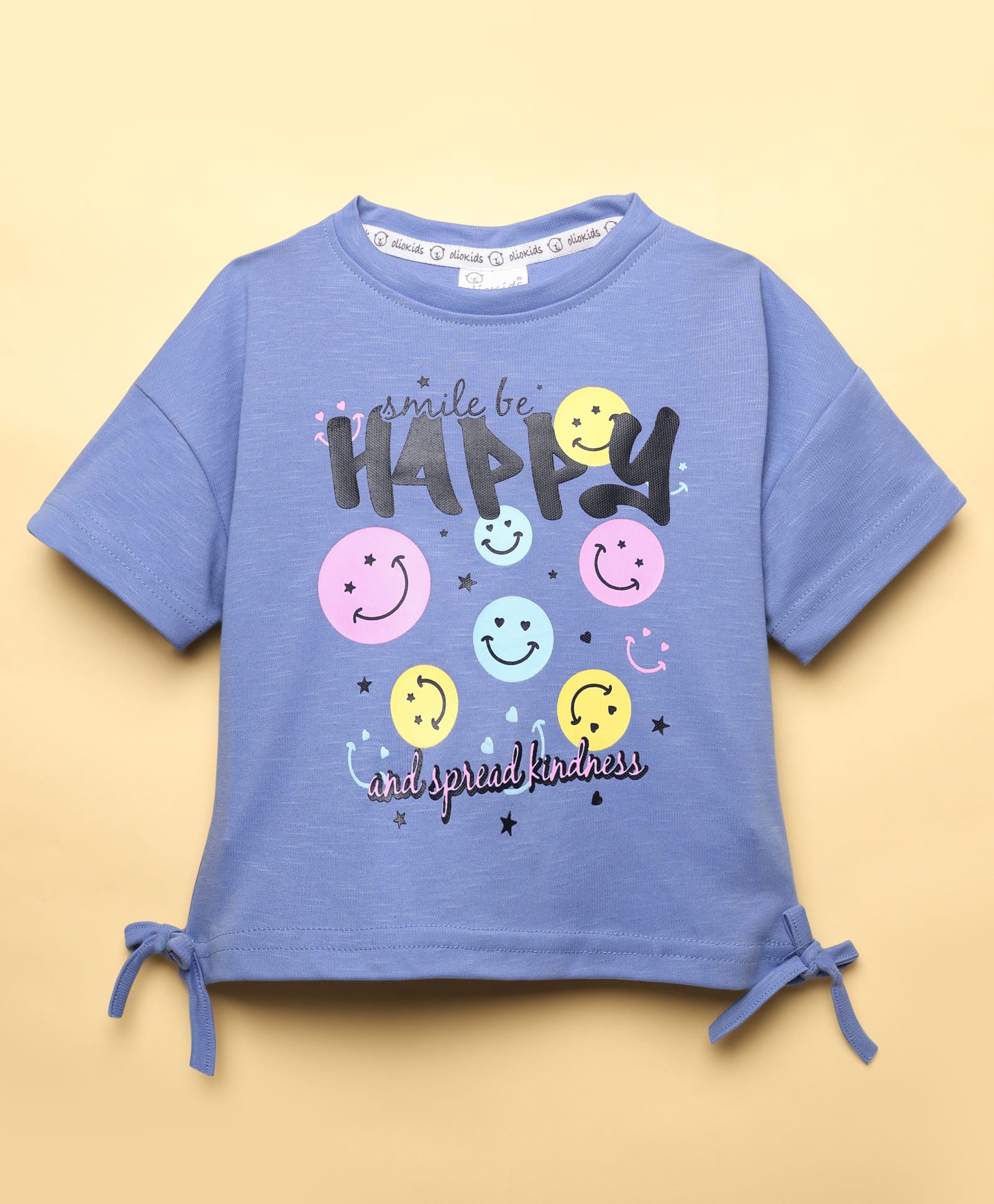Olio Kids Sinker Knit Half Sleeves T-Shirt With Smiley Print - Blue-image-17