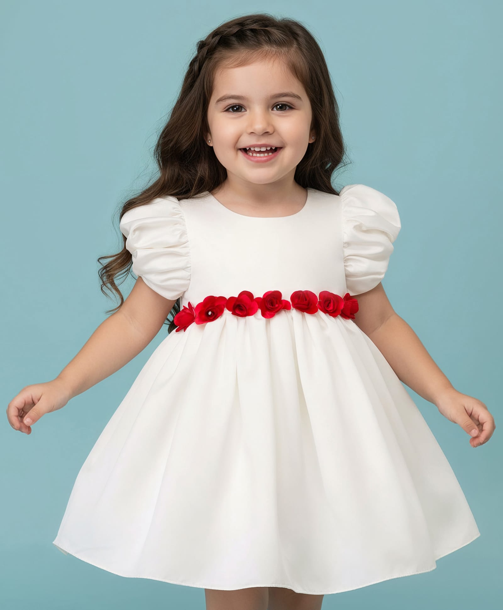 Babyhug Woven Half Cap Sleeves Dress with Floral Detailing - White & Red-image-24