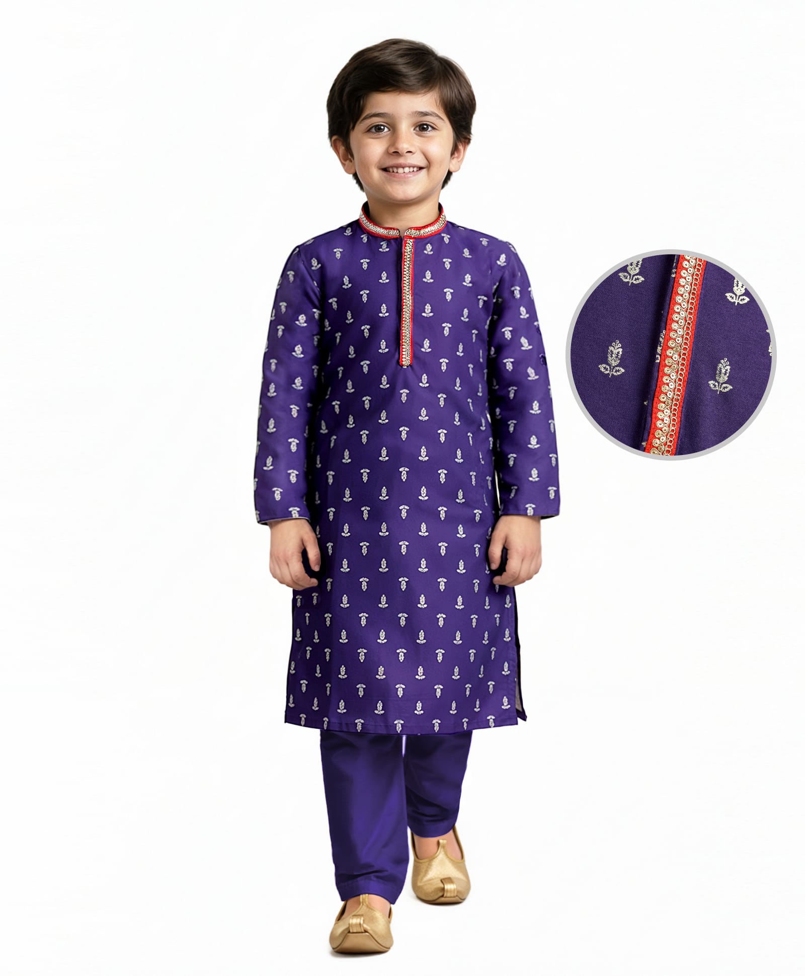 EARTHY TOUCH Single Jersey Knit Full Sleeves Kurta Pajama Set with Floral Glitter Print & Lace Detailing - Purple-image-25