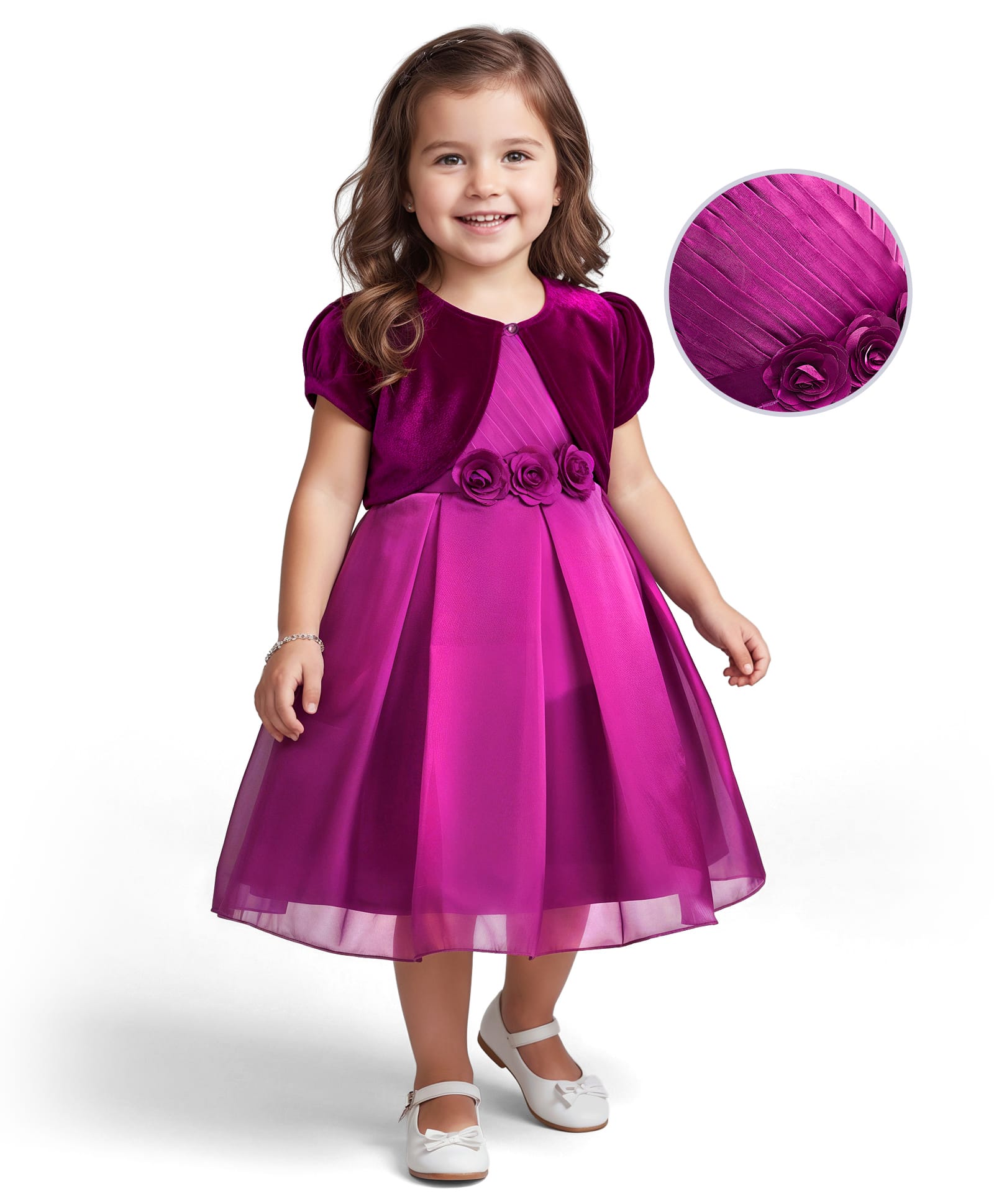 Babyhug Woven Party Dress & Half Sleeves Shrug With Floral Applique - Wine-picture-27