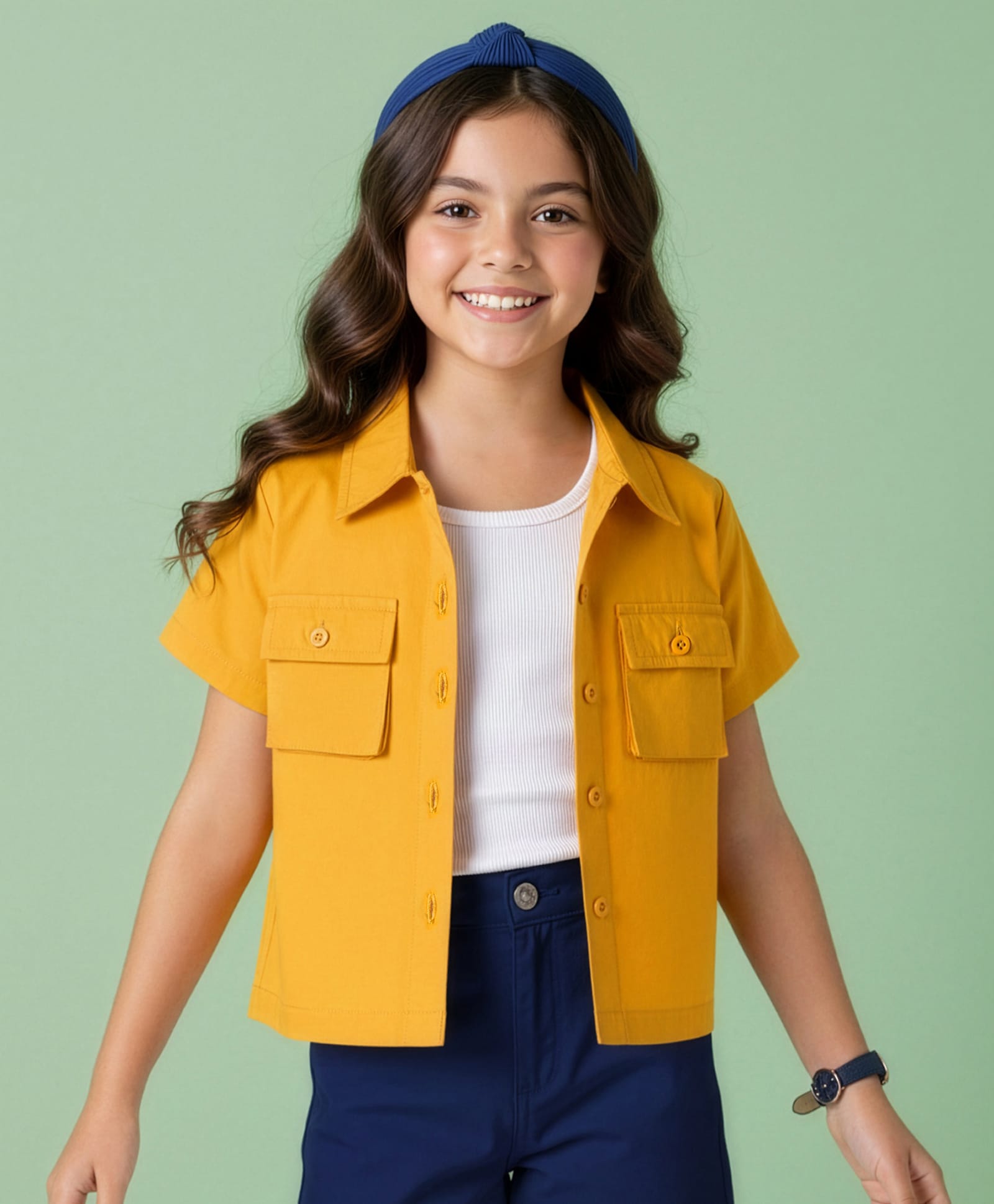 Pine Kids Cotton Woven Half Sleeves Solid Color Shrug with Pockets & Top - Mustard & White