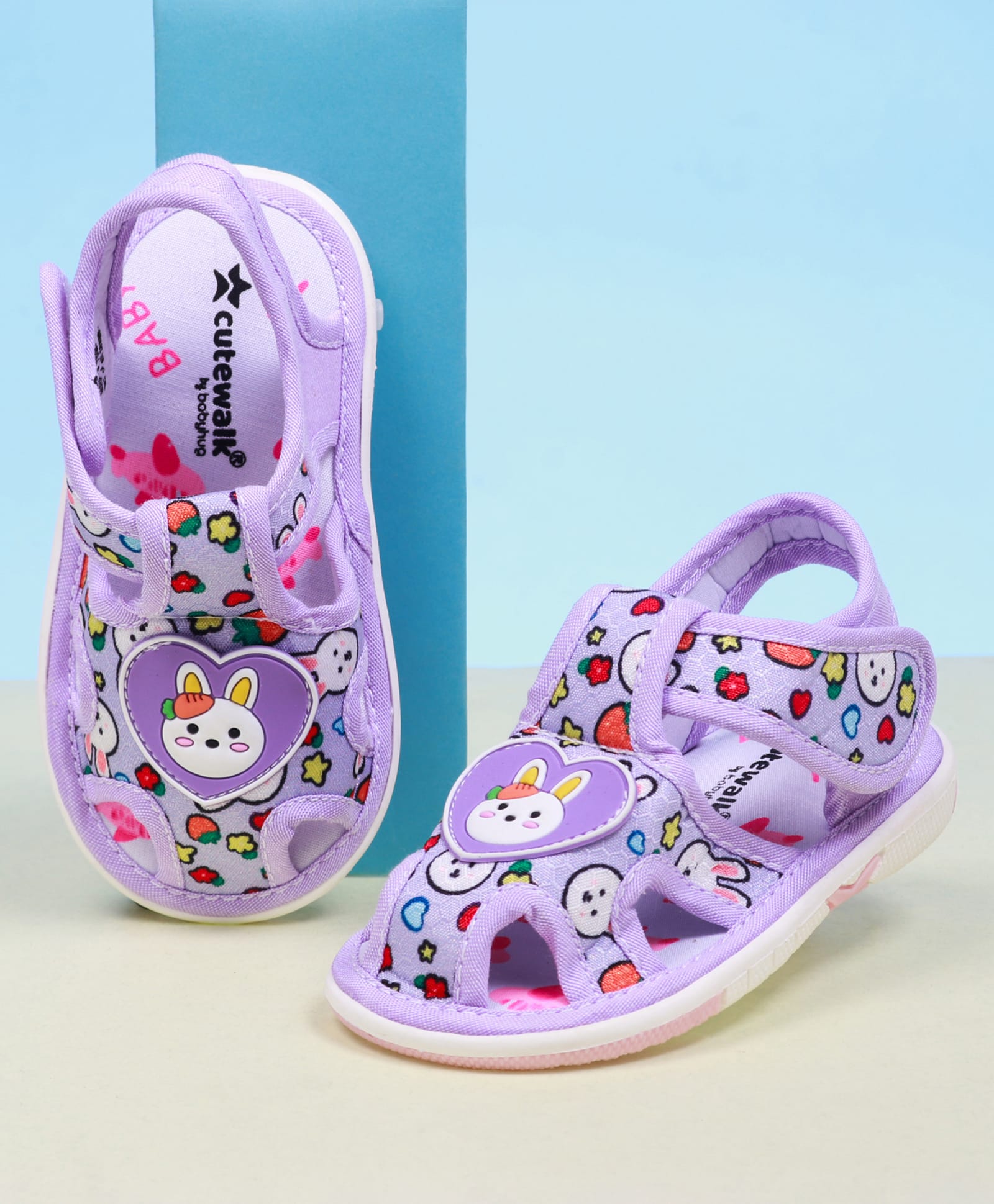 Cute Walk by Babyhug Velcro Closure Bunny Printed Sandals With Applique - Purple-image-1