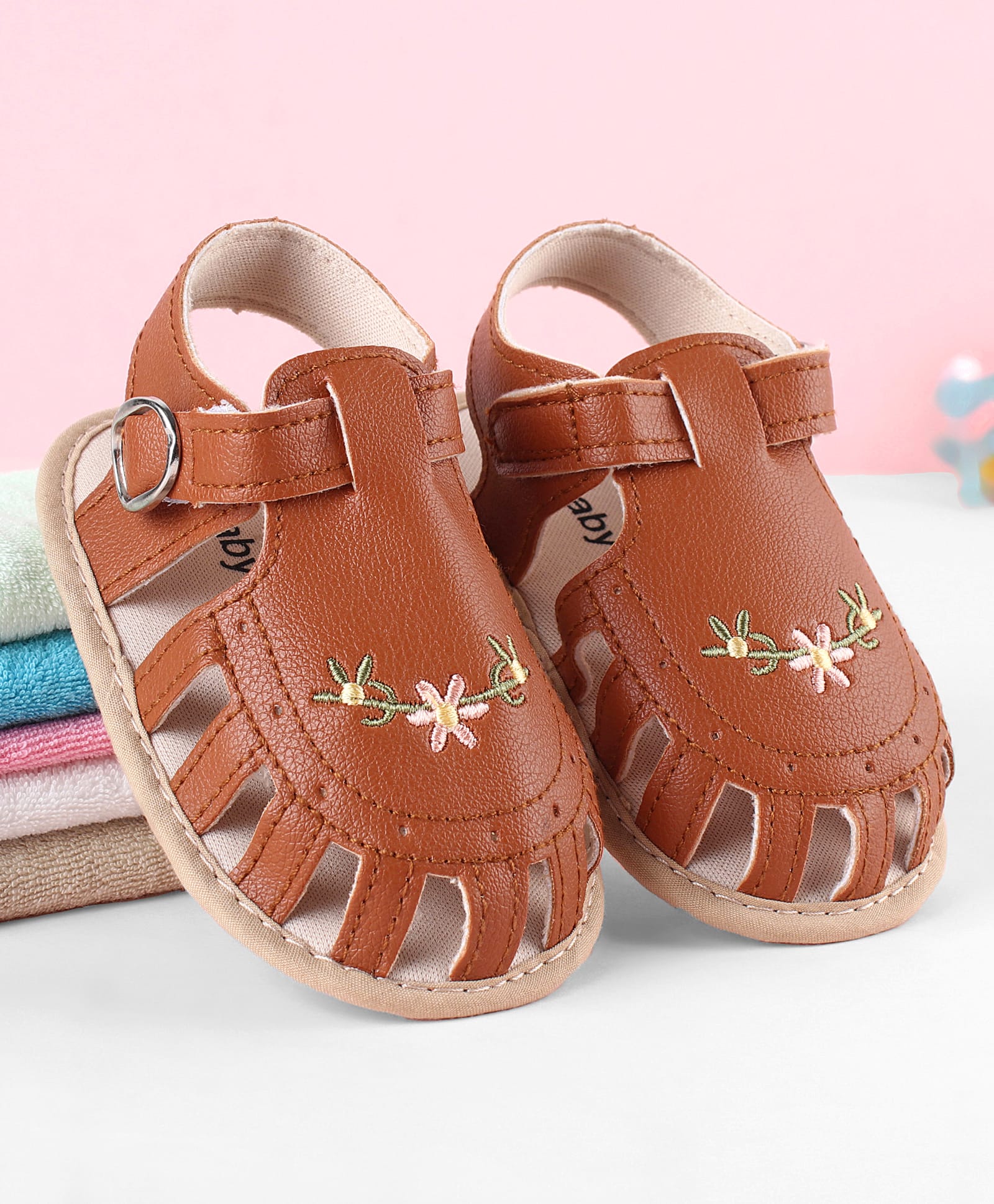 Babyoye Velcro Closure Booties With Floral Embroidery - Brown-image-21