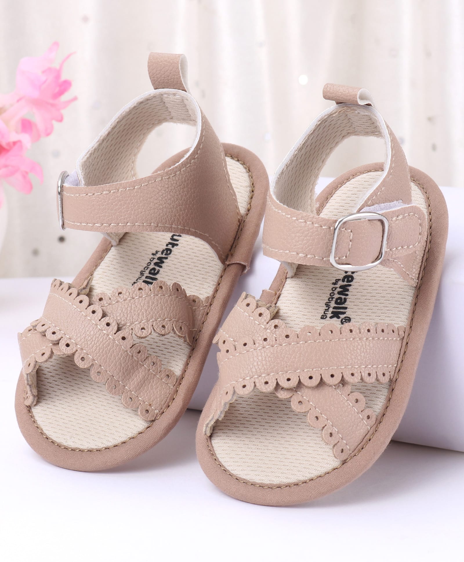 Cute Walk by Babyhug Designed Solid Booties with Velcro Closure - Beige