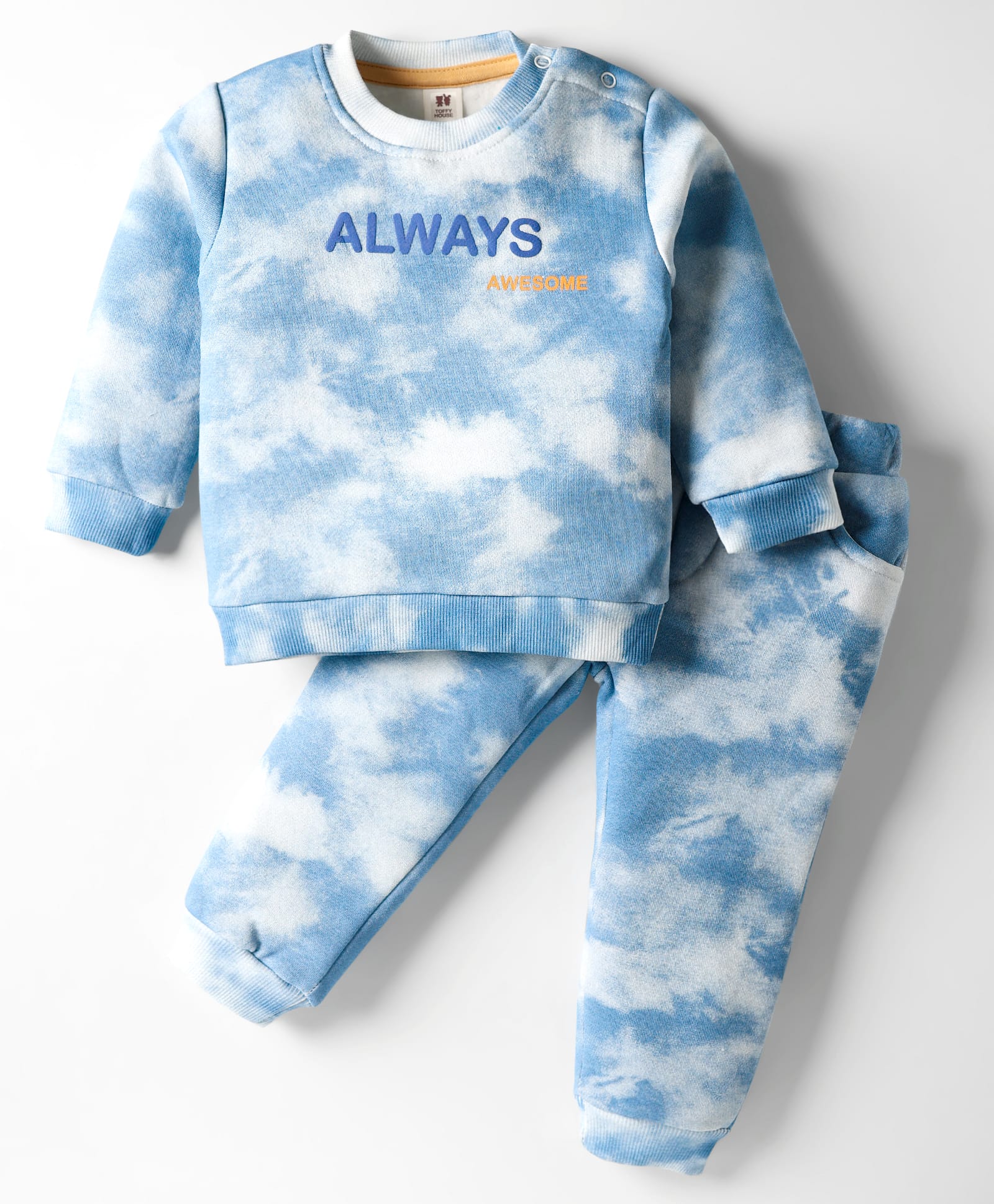 ToffyHouse Fleece Knit Full Sleeves T-Shirt & Lounge Pant Co-Ord Set with Tie Dye Print - Stone Blue-image-48