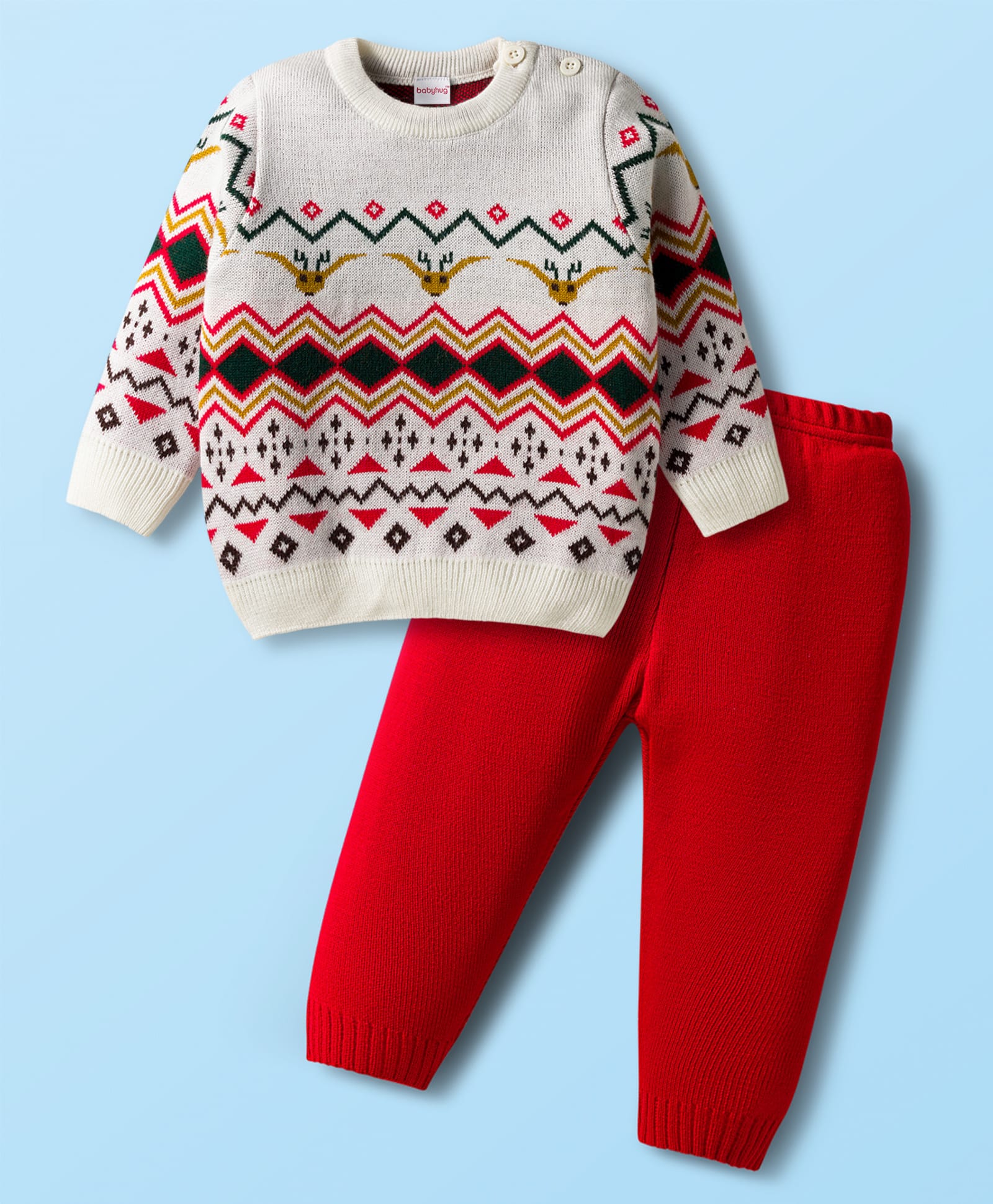 Babyhug Knit Full Sleeves Sweater Set with Fair Isle Design - White & Red-image-45