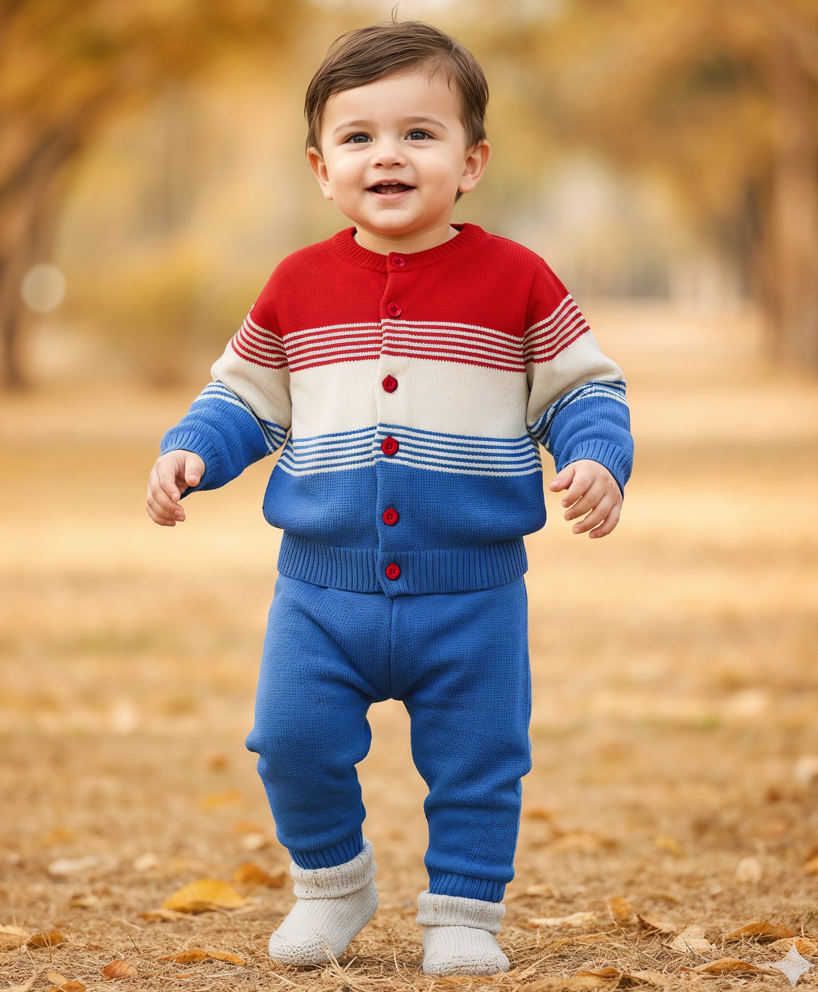 Babyhug Knit Full Sleeves Front Open Sweater Set with Stripes & Color Block Design - Red White & Royal Blue-image-7