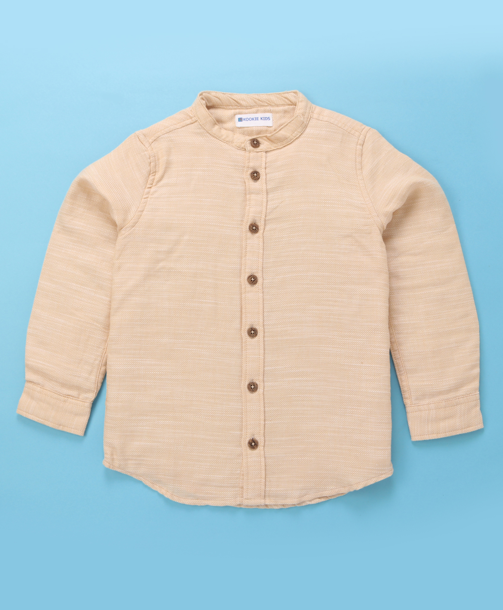 Kookie Kids 100% Cotton Full Sleeves Striped Shirt With Mandarin Collar - Beige