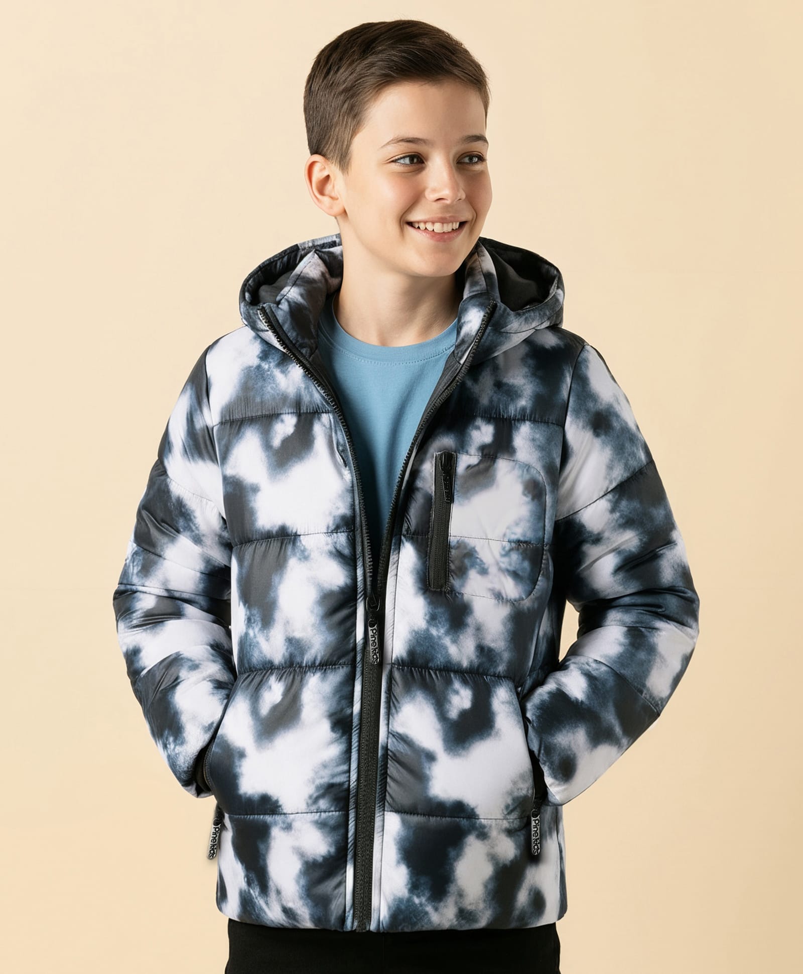 Pine Kids Woven Full Sleeves Tie & Dye Printed Hooded Padded Jacket - Navy Blue-image-45