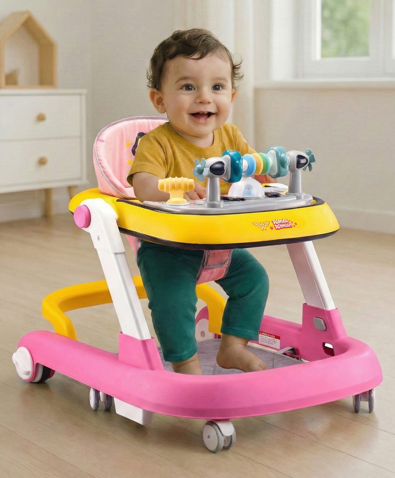 fab n funky Wonder Woman Multifunctional 2 in 1 Baby Walker With Anti Fall Protection & Adjustable Height Without Foot Mat- Yellow Pink-picture-13