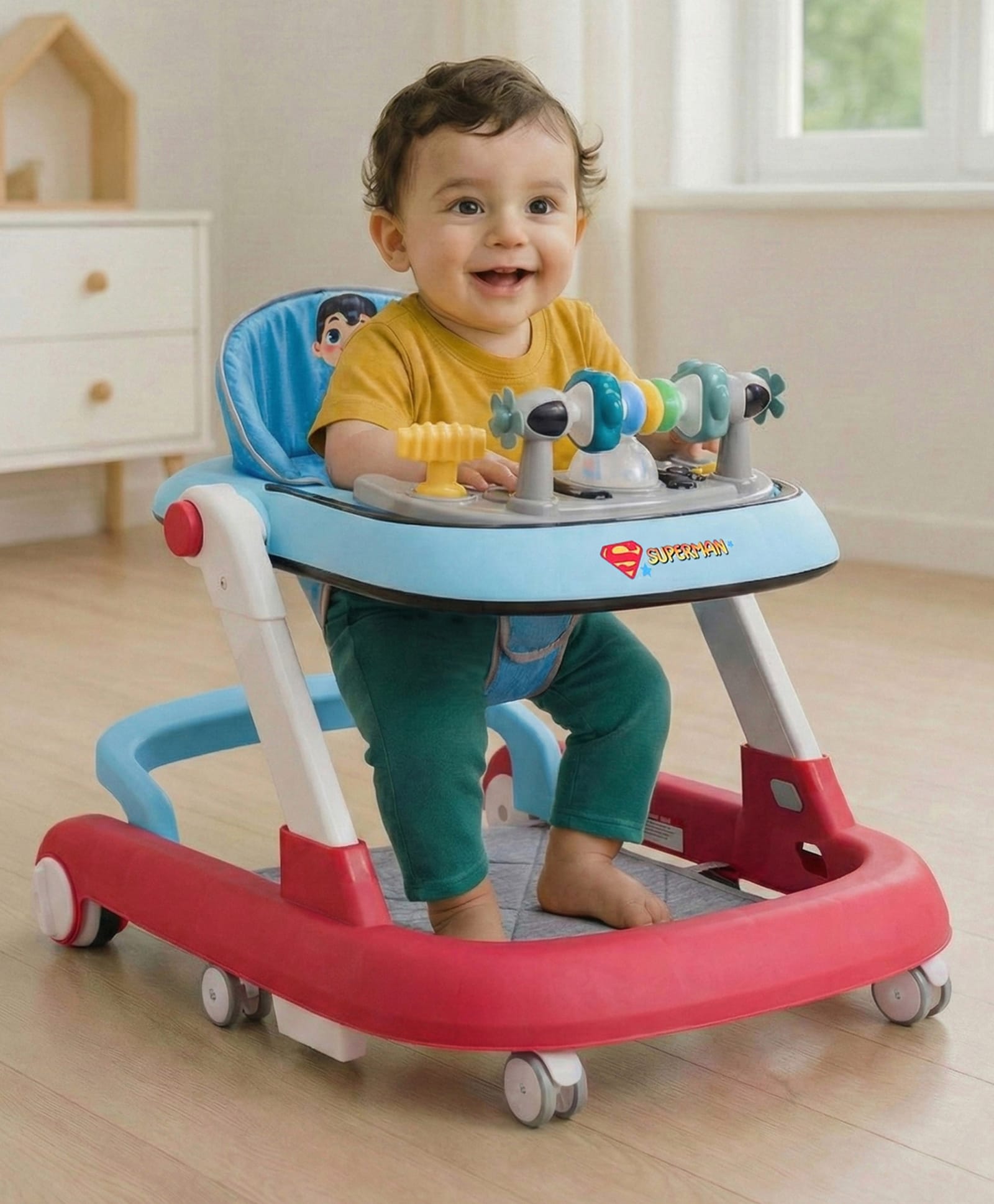 fab n funky Superman Multifunctional 2 in 1 Baby Walker With Anti Fall Protection & Adjustable Height Without Foot Mat- Blue Yellow-picture-18