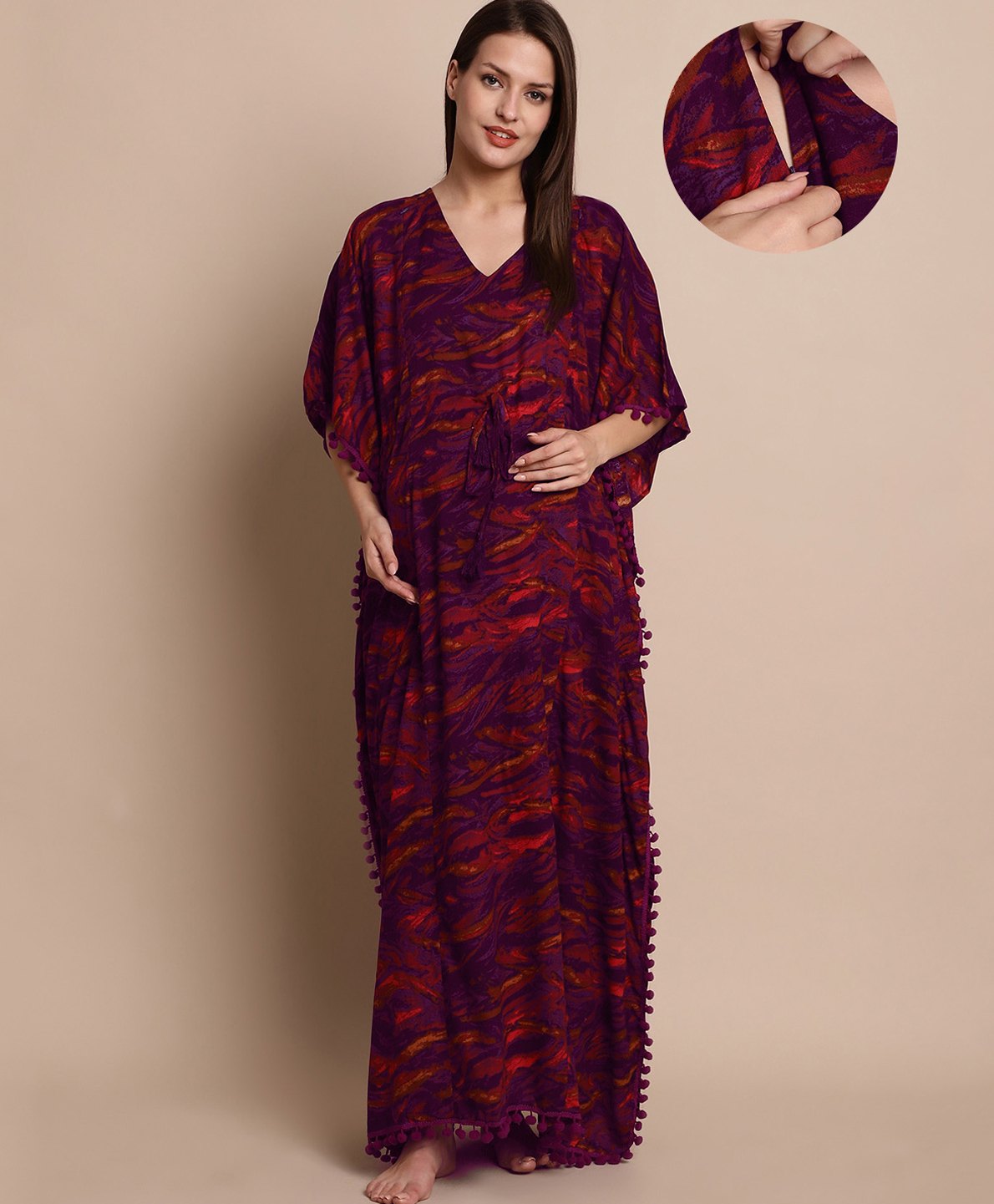 Secret Wish Cotton Woven Half Batwing Sleeves Abstract Printed Maternity Kaftan Nighty With Side Seam Nursing Acess - Purple
