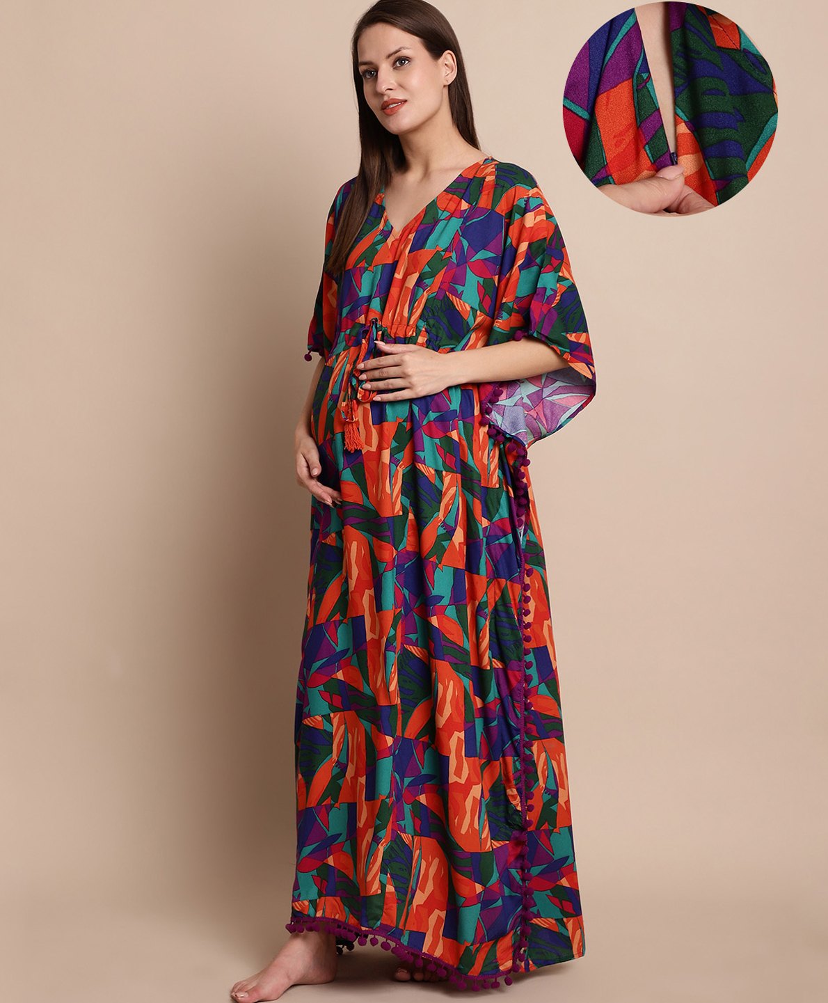 Secret Wish Rayon Woven Half Batwing Sleeves Abstract Printed Maternity Kaftan Nighty With Side Seam Nursing Access - Multi Colour-picture-10