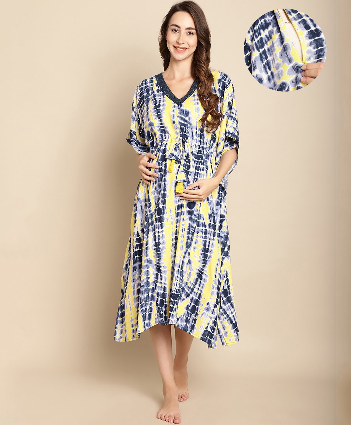 Secret Wish Rayon Woven Half Batwing Sleeves Tie Dye Maternity Kaftan Nighty With Side Seam Nursing Access - Yellow & Blue-picture-43