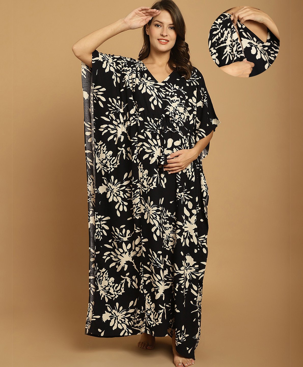 Secret Wish Rayon Woven Half Batwing Sleeves Leaves Printed Maternity Kaftan Nighty With Side Seam Nursing Access - Black-picture-18