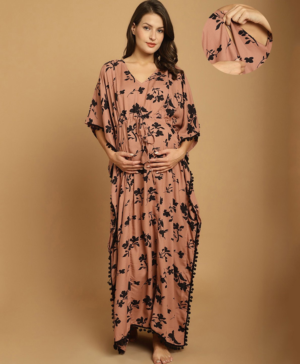 Secret Wish Rayon Woven Half Batwing Sleeves Floral Printed Maternity Kaftan Nighty With Side Seam Nursing Access - Brown-image-44