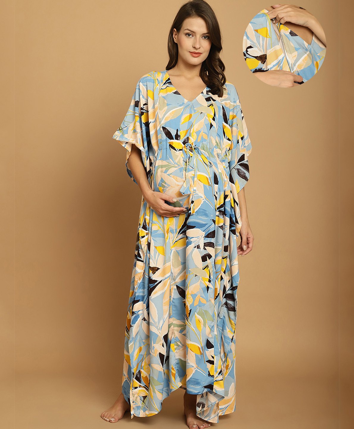 Secret Wish Rayon Woven Half Batwing Sleeves Leaves Printed Maternity Kaftan Nighty With Side Seam Nursing Access - Sky Blue-picture-32