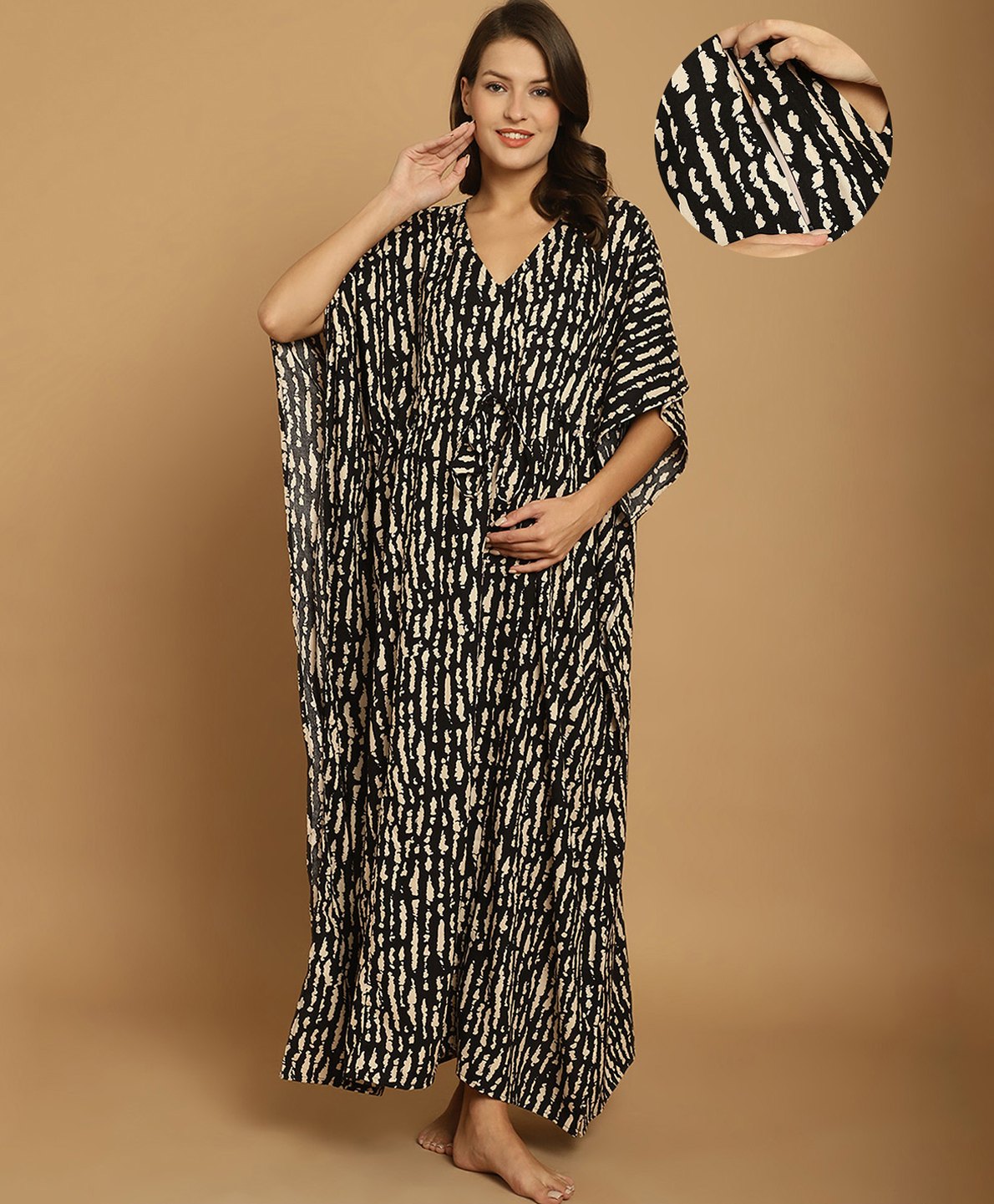 Secret Wish Rayon Woven Half Batwing Sleeves Abstract Printed Maternity Kaftan Nighty With Side Seam Nursing Access - Black-picture-10