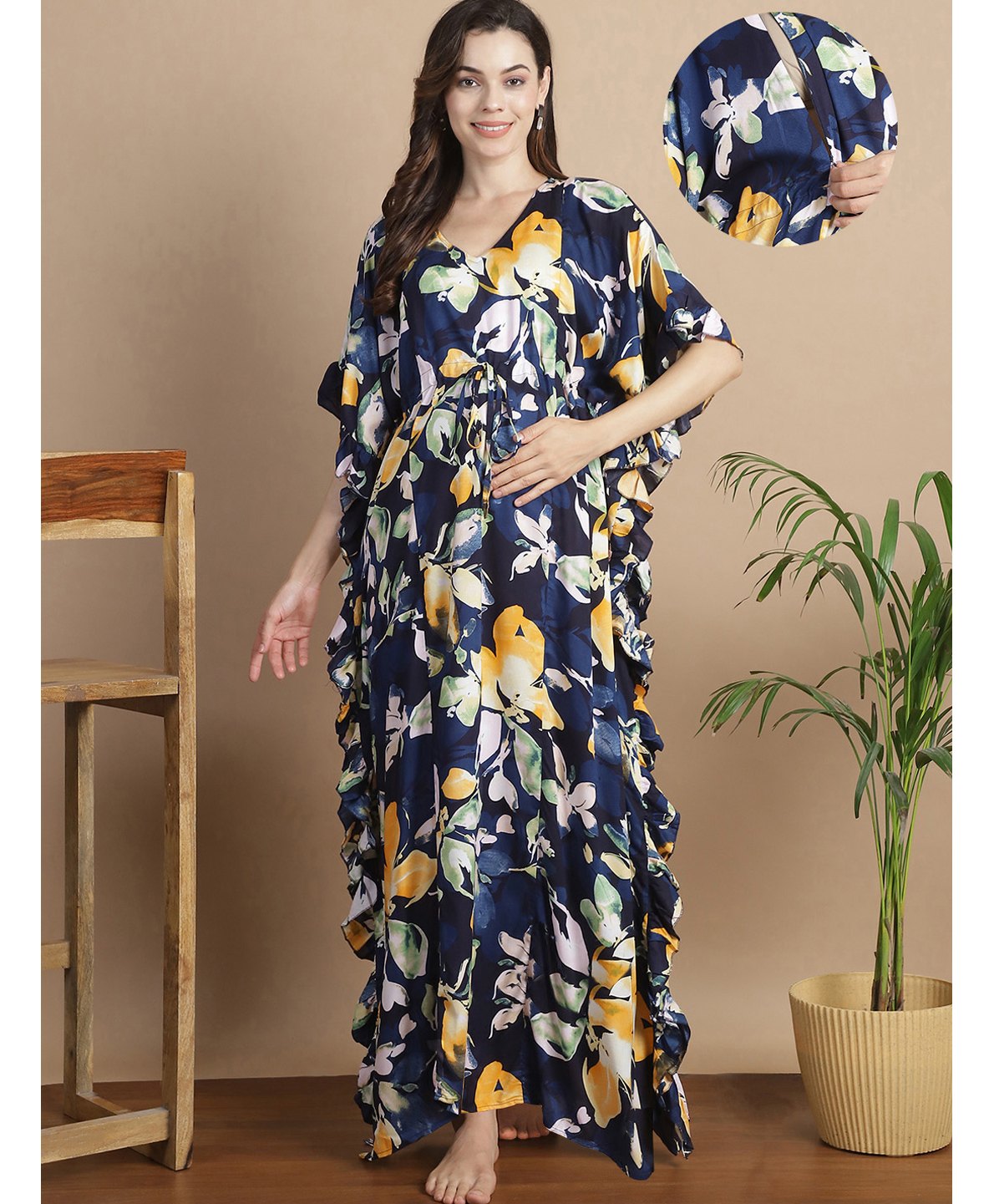 Secret Wish Rayon Woven Half Batwing Sleeves Leaves Printed Maternity Kaftan Nighty With Side Seam Nursing Access - Navy Blue-picture-30