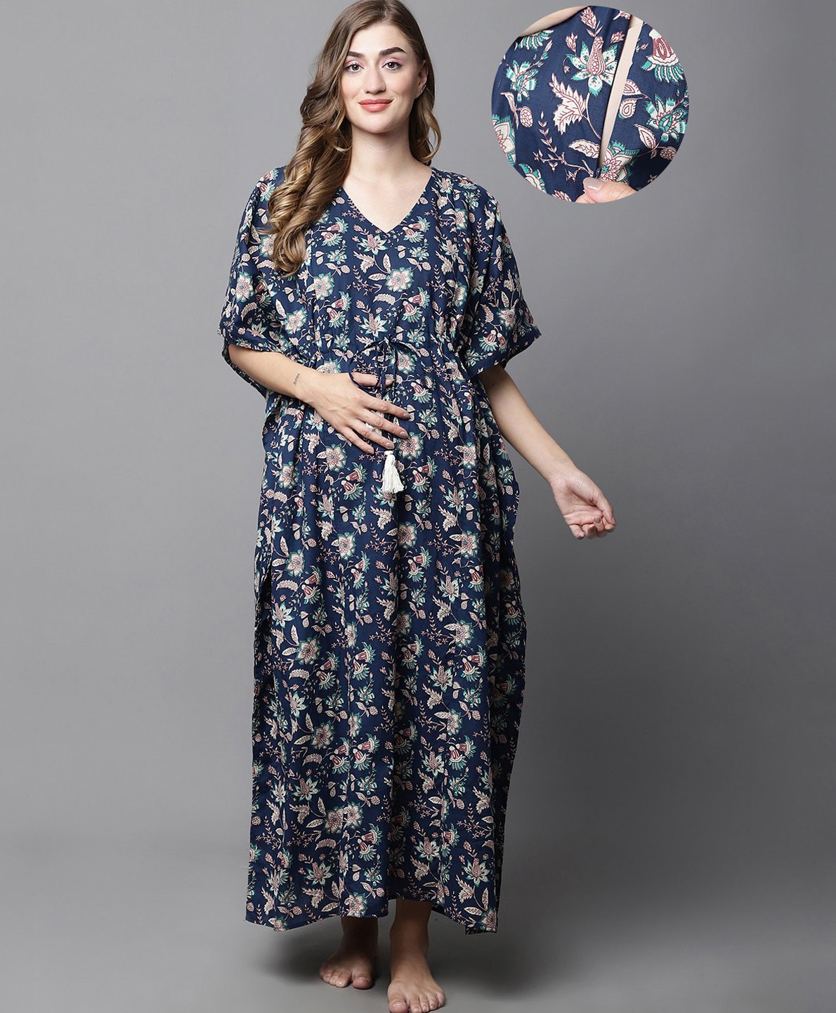 Secret Wish Rayon Woven Half Batwing Sleeves Floral Printed Maternity Kaftan Nighty With Side Zipper Nursing Access - Navy Blue